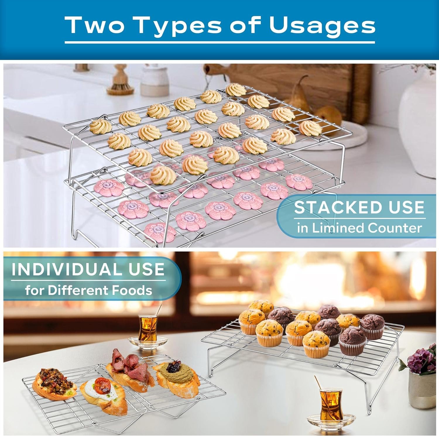 Leonyo Cooling Baking Rack 3-Tier Stackable Stainless Steel Wire Baking Cooking Racks Set for Cookie, Pizza, Cup Cake, Raised  Folding Feet, Oven Safe  Dishwasher Safe, Rust-Resistant - 15’’ x 10’’