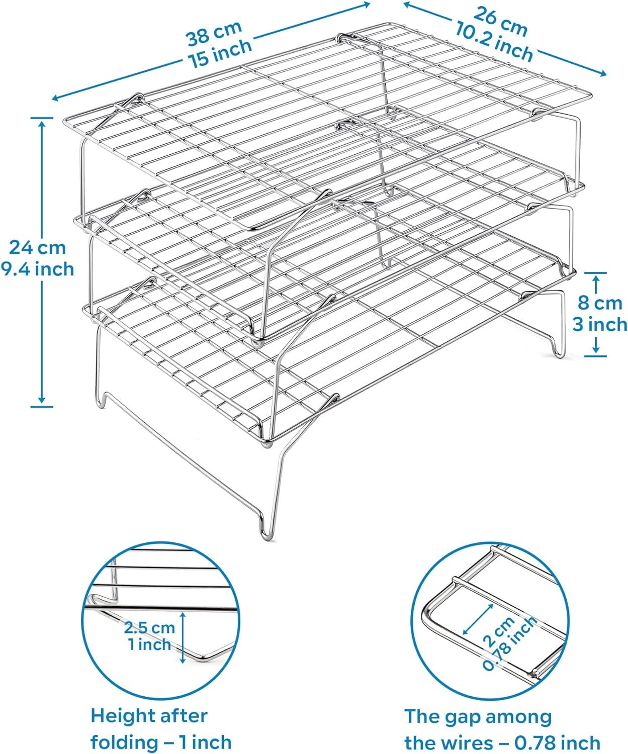 Leonyo Cooling Baking Rack 3-Tier Stackable Stainless Steel Wire Baking Cooking Racks Set for Cookie, Pizza, Cup Cake, Raised  Folding Feet, Oven Safe  Dishwasher Safe, Rust-Resistant - 15’’ x 10’’