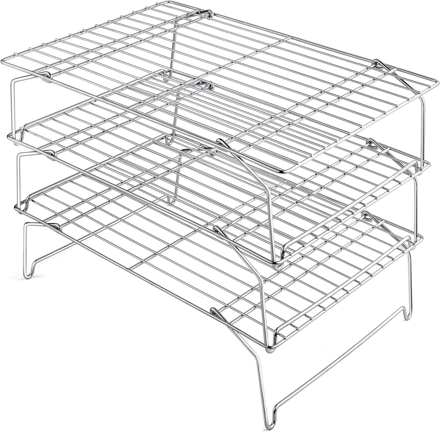 Leonyo Cooling Baking Rack 3-Tier Stackable Stainless Steel Wire Baking Cooking Racks Set for Cookie, Pizza, Cup Cake, Raised  Folding Feet, Oven Safe  Dishwasher Safe, Rust-Resistant - 15’’ x 10’’