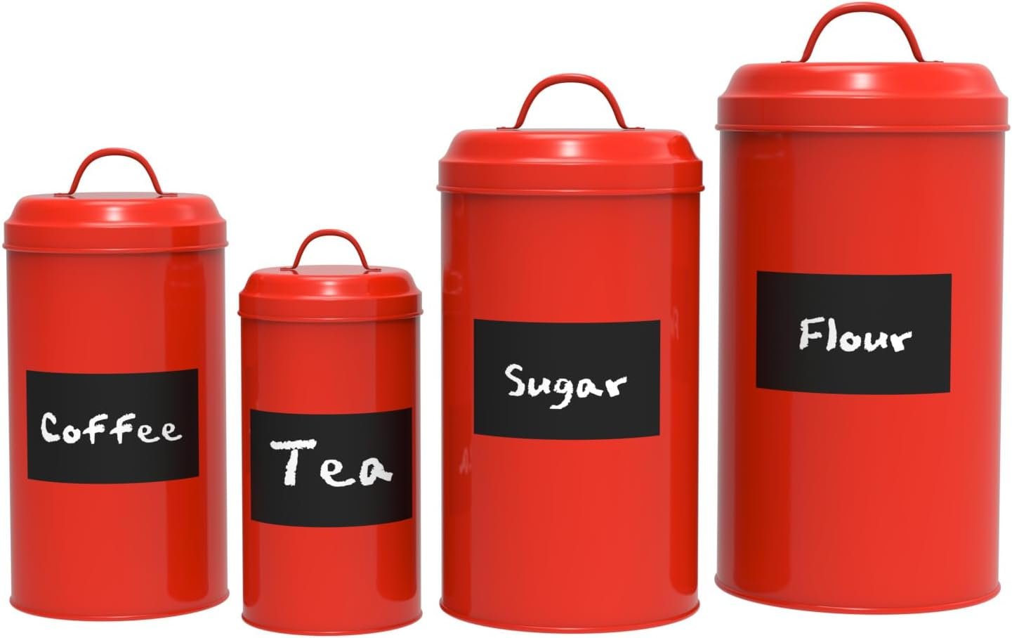 LF LIKEFAIR Red Kitchen Canisters Vintage Kitchen Canisters, Country Rustic Farmhouse Decor for the Kitchen, Coffee Tea Sugar Flour Farmhouse Kitchen Decor with chalboard labels, Metal, Set of 4