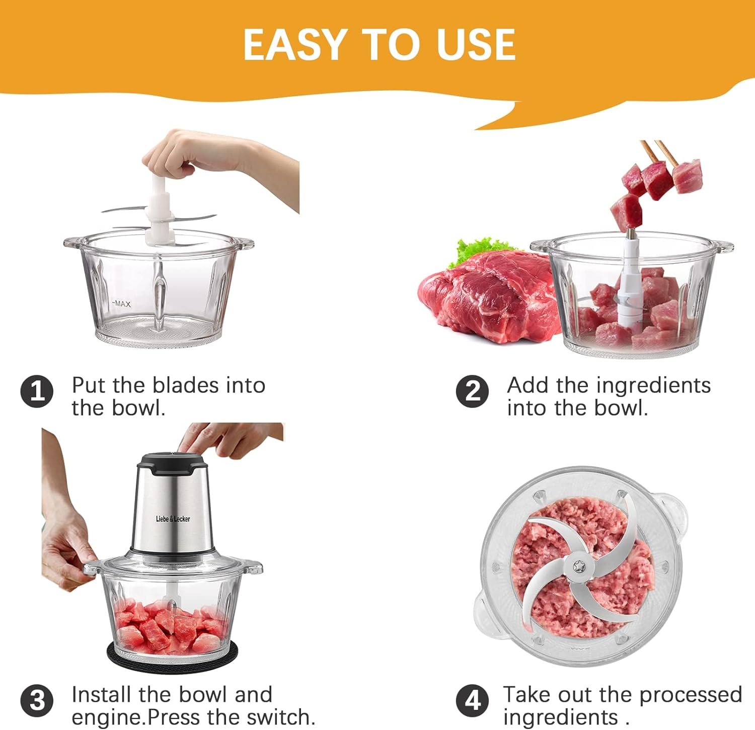 LiebeLecker Food Processor, Meat Grinder with 1 Bowl 8 Cup, Electric Food Chopper with 4 Large Sharp Blades for Meat, Fruits, Vegetables, Baby Food, Nuts, 2 Speed, 350W