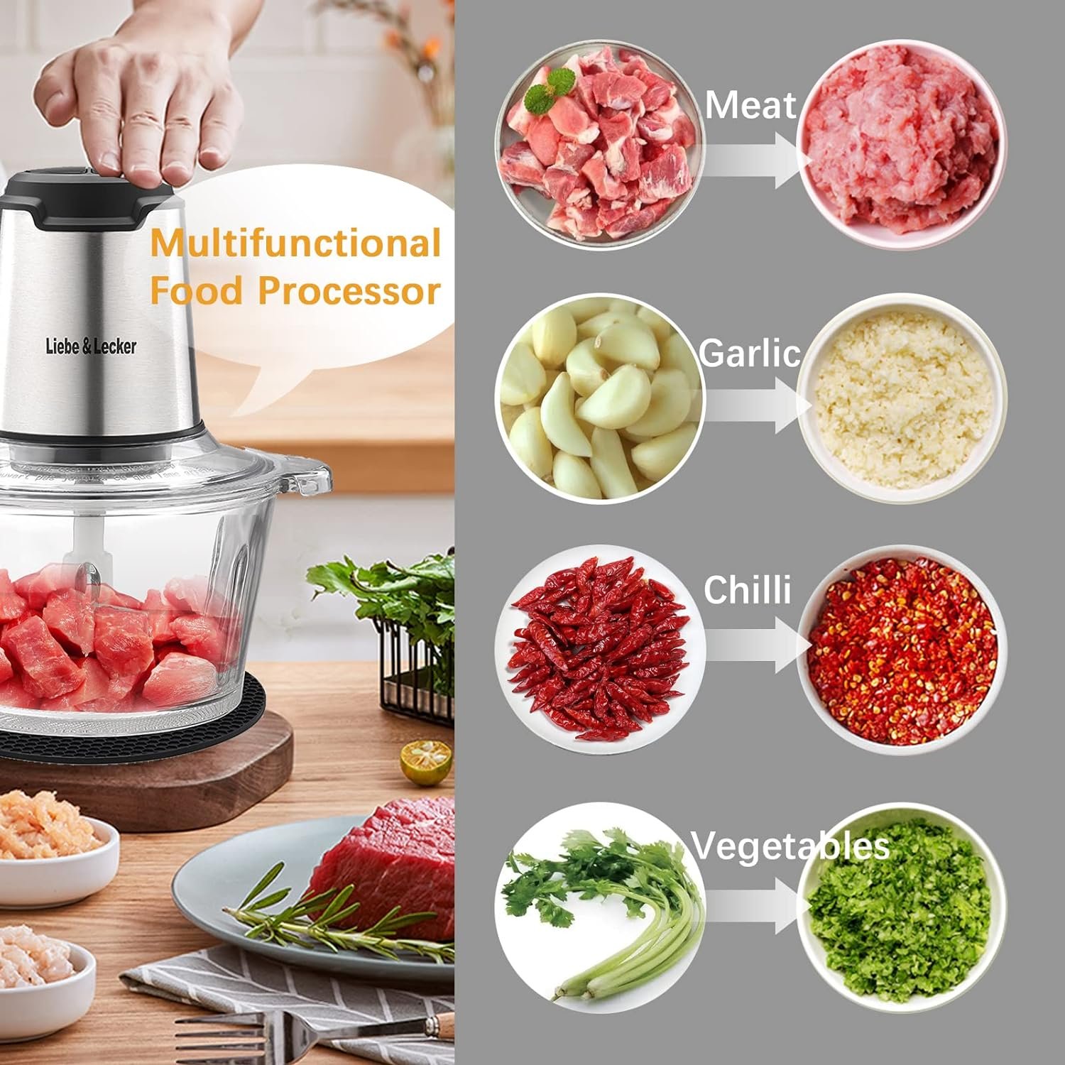 LiebeLecker Food Processor, Meat Grinder with 1 Bowl 8 Cup, Electric Food Chopper with 4 Large Sharp Blades for Meat, Fruits, Vegetables, Baby Food, Nuts, 2 Speed, 350W