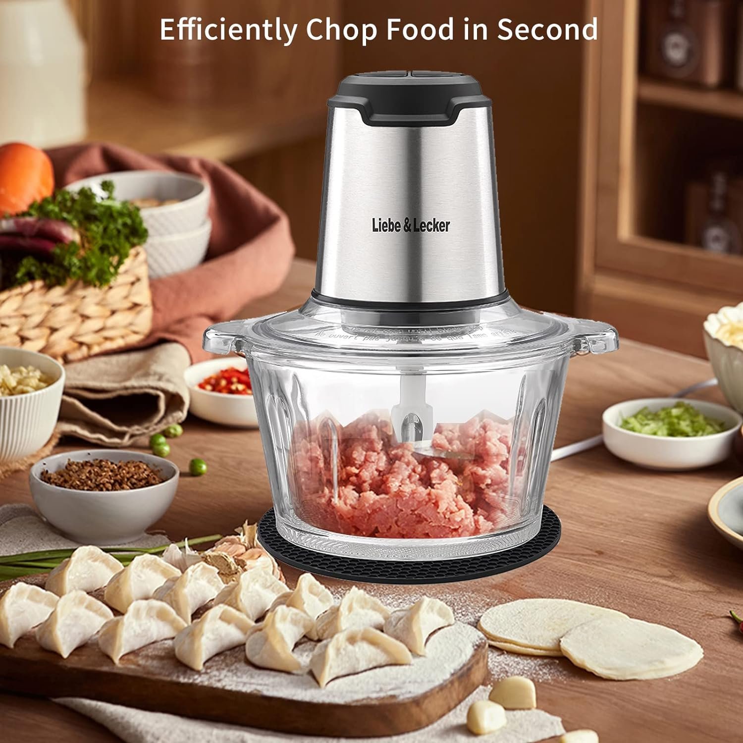LiebeLecker Food Processor, Meat Grinder with 1 Bowl 8 Cup, Electric Food Chopper with 4 Large Sharp Blades for Meat, Fruits, Vegetables, Baby Food, Nuts, 2 Speed, 350W