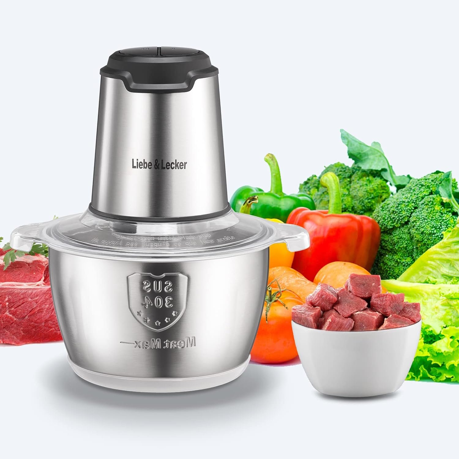 LiebeLecker Food Processor, Meat Grinder with 1 Bowl 8 Cup, Electric Food Chopper with 4 Large Sharp Blades for Meat, Fruits, Vegetables, Baby Food, Nuts, 2 Speed, 350W