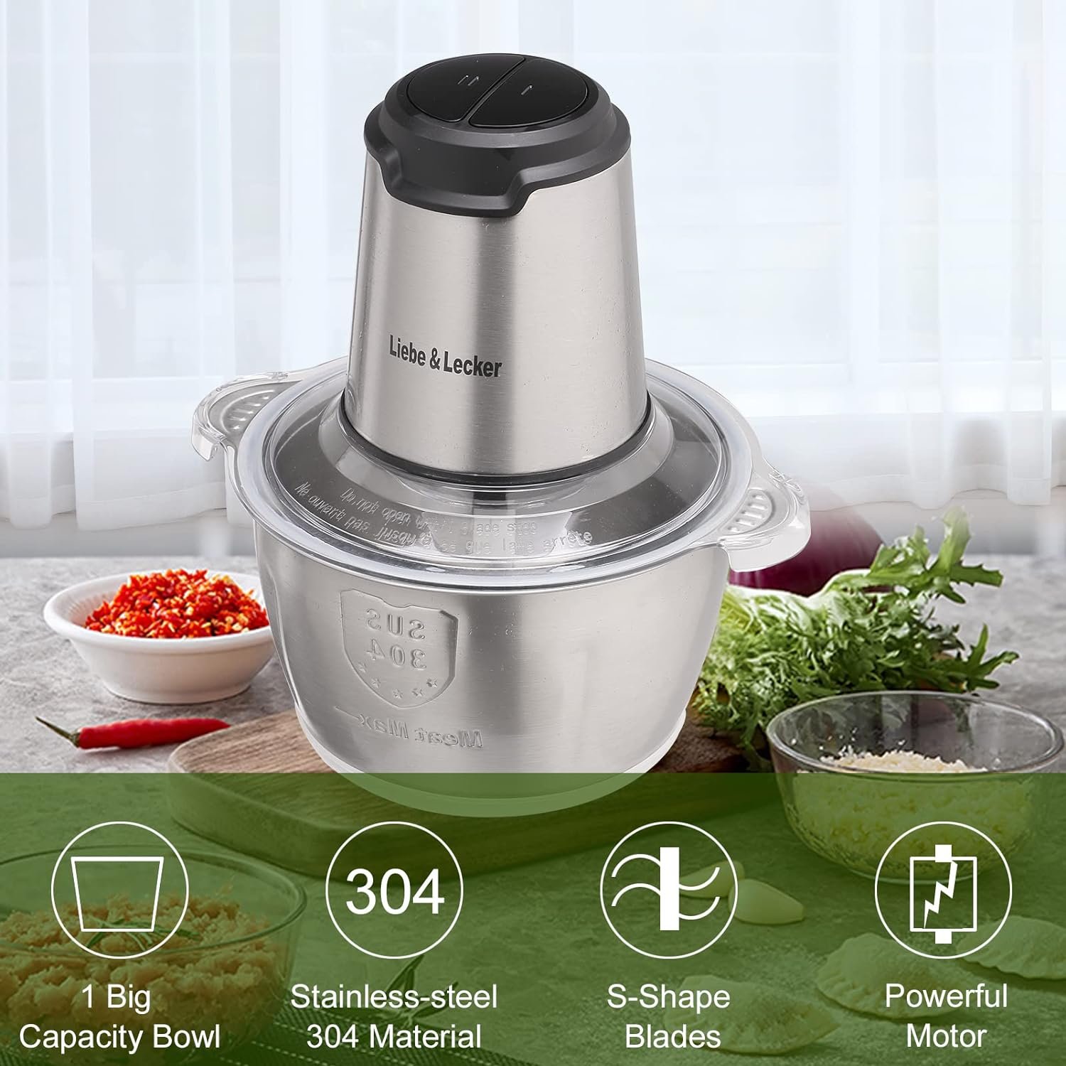 LiebeLecker Food Processor, Meat Grinder with 2 Bowls 8 Cup and 8 Cup, Food Chopper Electric Vegetable Chopper with 4 Large Sharp Blades for Fruits, Meat, Vegetables, Baby Food, Nuts, 2 Speed.