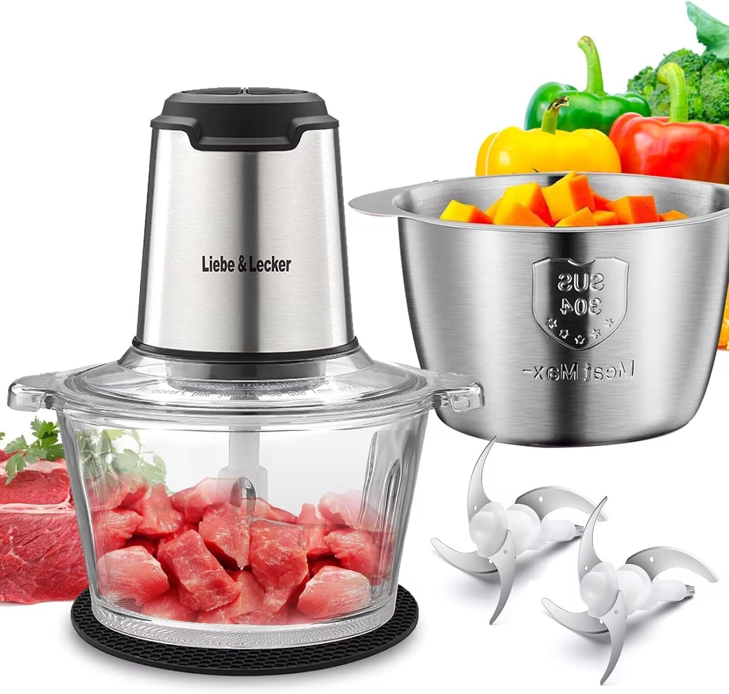 LiebeLecker Food Processor, Meat Grinder with 2 Bowls 8 Cup and 8 Cup, Food Chopper Electric Vegetable Chopper with 4 Large Sharp Blades for Fruits, Meat, Vegetables, Baby Food, Nuts, 2 Speed.