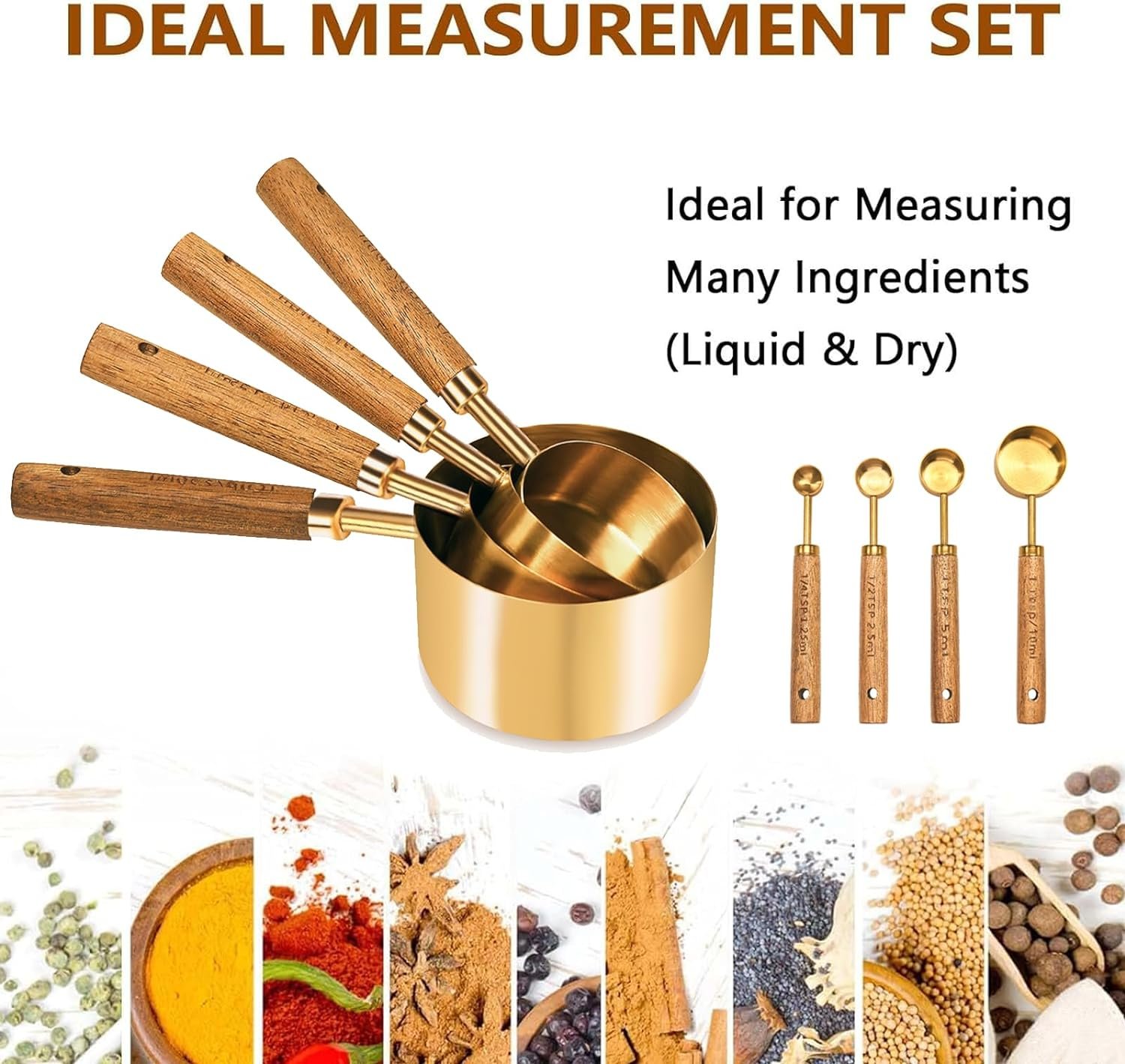 LIFETOWE Gold Measuring Cups and Spoons Set, Wood Handle with Metric and US Measurements, Stainless Steel Gold Measuring Spoons and Measuring Cups Set, For Cooking and Baking in the Kitchen (8 Piece)