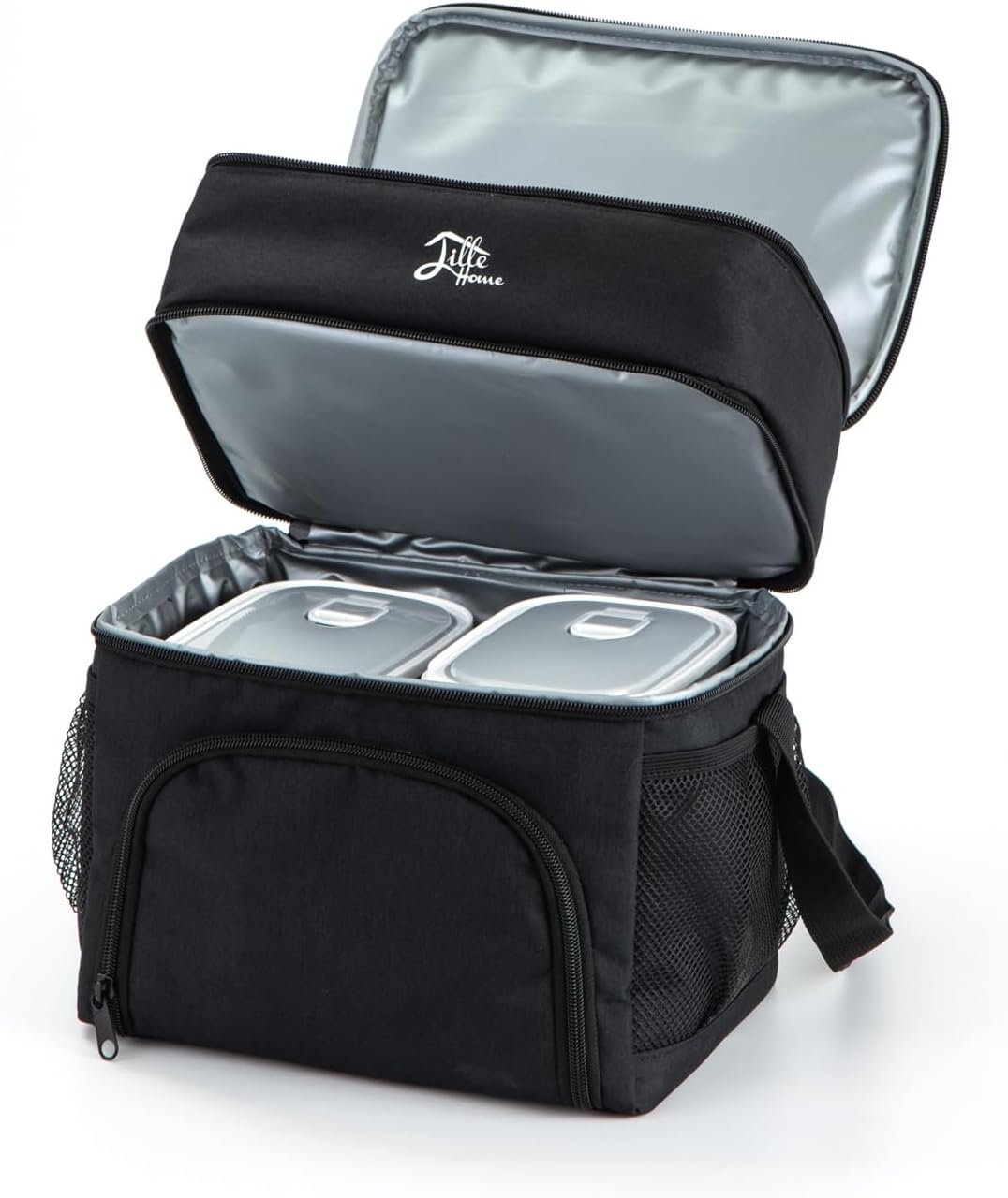 Lille Home Lunch Box Set, 6 BPA-Free Reusable Food Containers, Pill Organizer, Water Bottle, Cutlery Set, Insulated Bag with Adjustable Shoulder Strap (Gray)