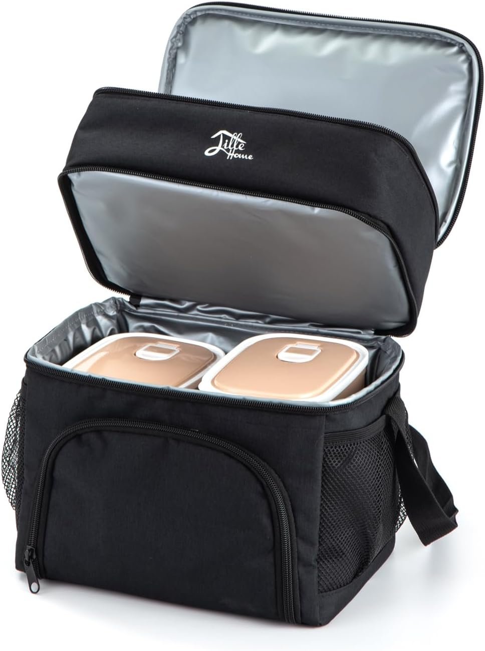 Lille Home Lunch Box Set, 6 BPA-Free Reusable Food Containers, Pill Organizer, Water Bottle, Cutlery Set, Insulated Bag with Adjustable Shoulder Strap (Gray)