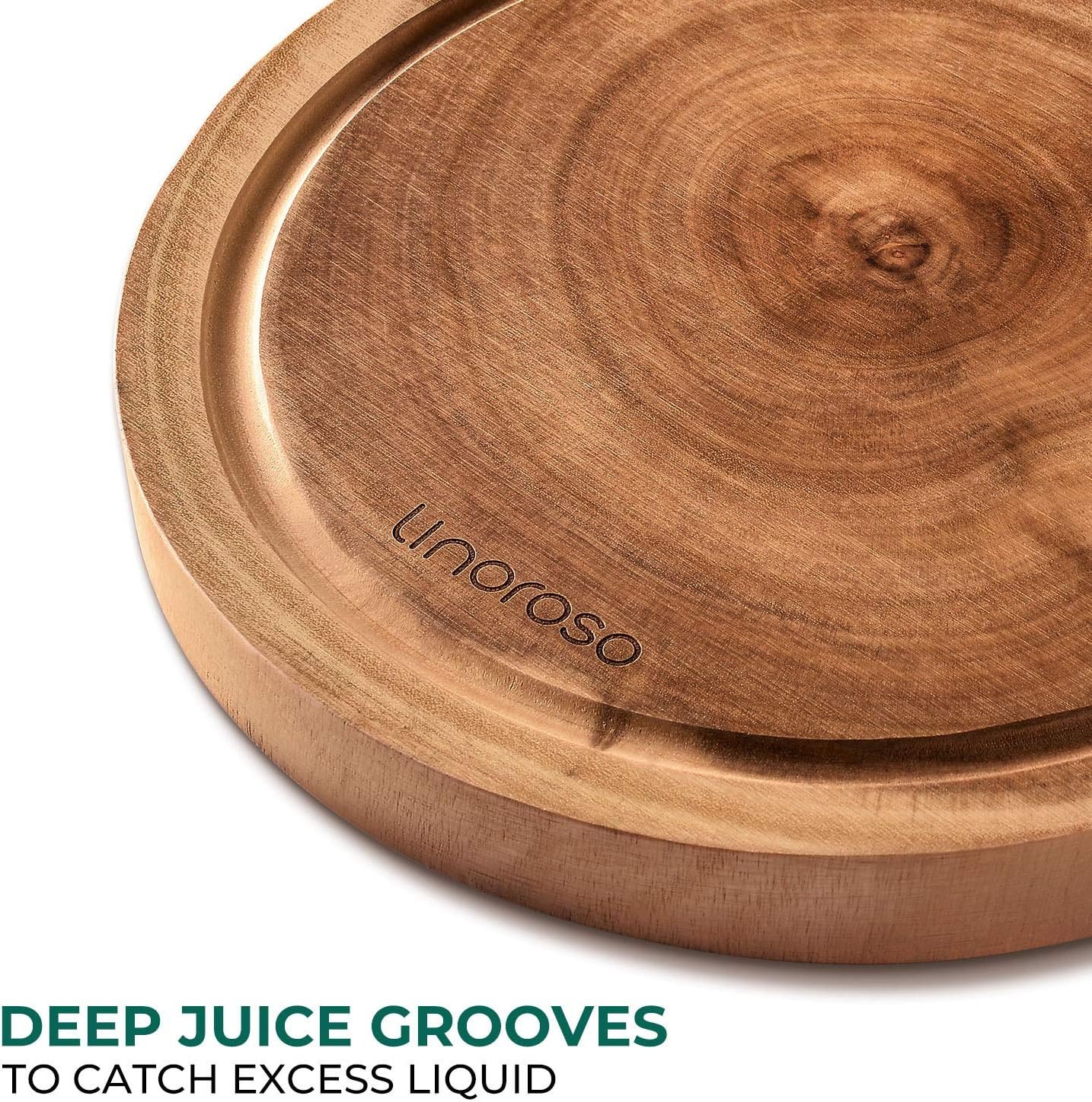 linoroso Round Cutting Board, Exquisite Non-Splicing Acacia Wood Cheese Board, Reversible Round (Dia. 12inch) Charcuterie Boards with Juice Groove (Non-Exact Round, Follows Actual Shape of wood) linoroso Round Cutting Board, Exquisite Non-Splicing Acacia Wood Cheese Board, Reversible Round (Dia. 12inch) Charcuterie Boards with Juice Groove (Non-Exact Round, Follows Actual Shape of wood)