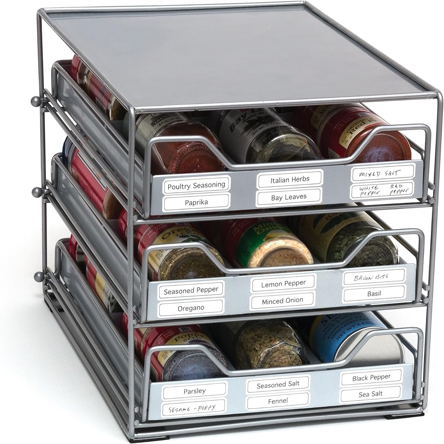 Lipper International 8724 Three-Tier Tilt-Down Kitchen and Cooking Spice Drawer Rack with 96 Labels, Silver, 24 Bottle Capacity