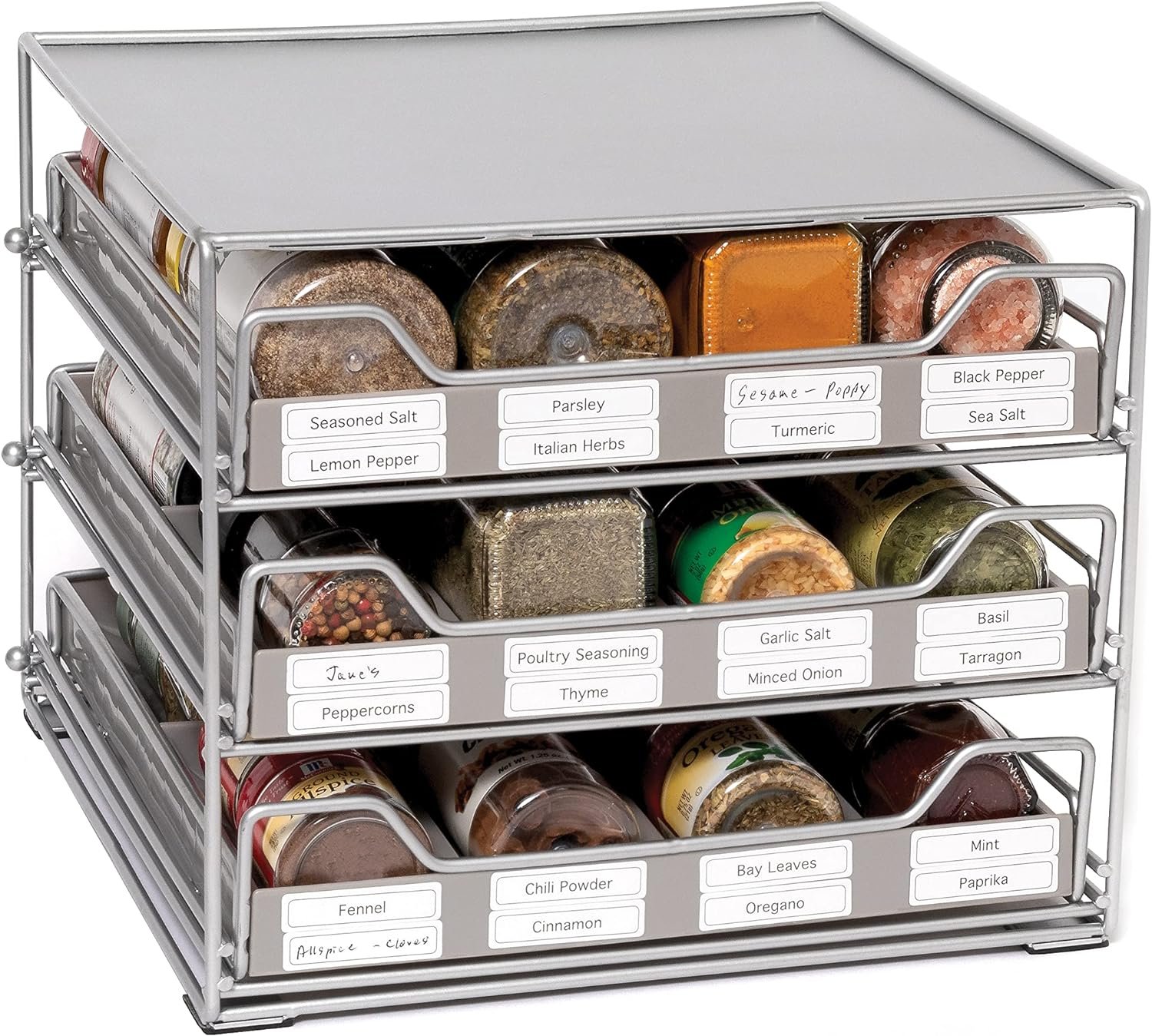 Lipper International 8724 Three-Tier Tilt-Down Kitchen and Cooking Spice Drawer Rack with 96 Labels, Silver, 24 Bottle Capacity