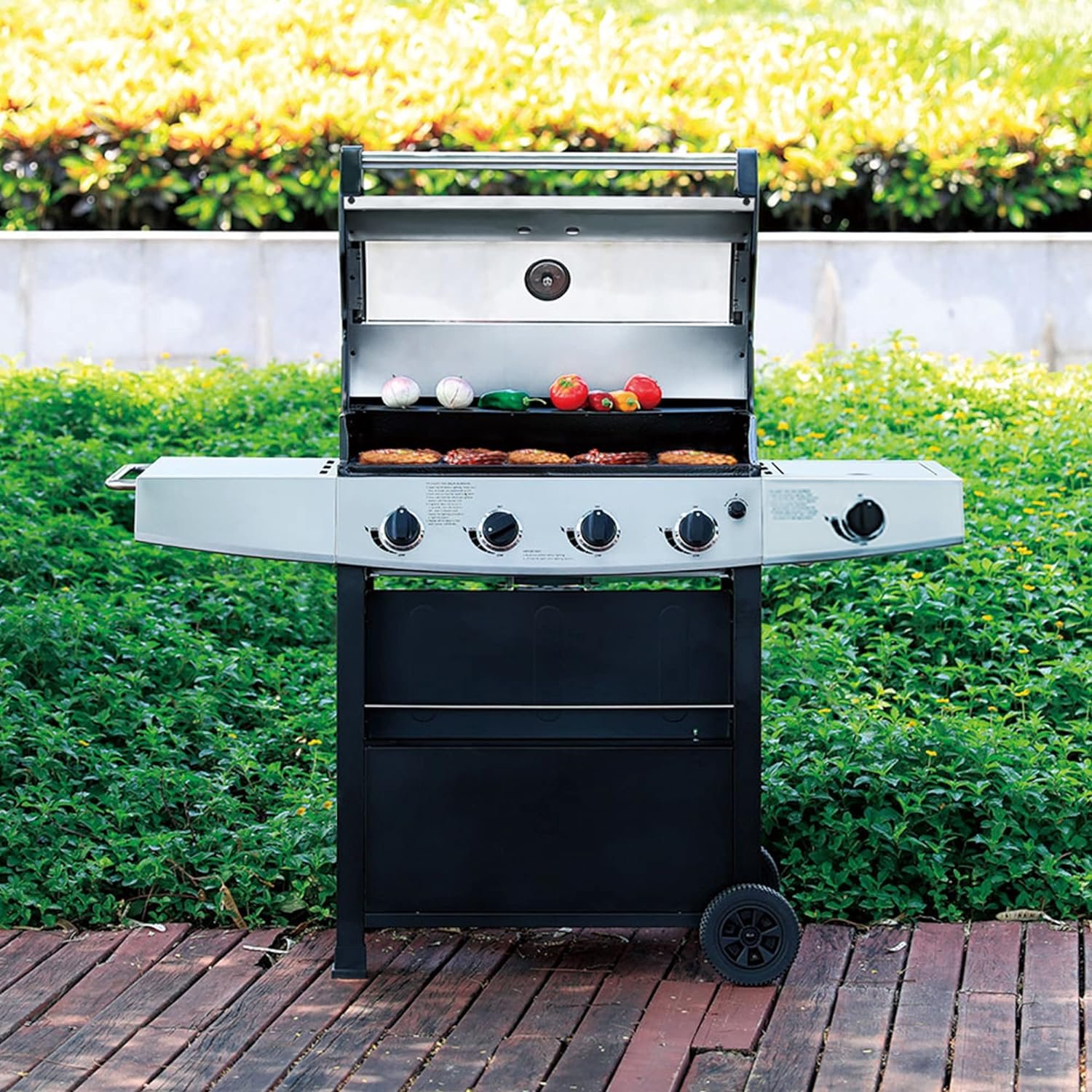 Liquid Propane Gas Grill, Stainless Steel BBQ Grill High Performance 3 Burners with Side Burner, 48,000 BTU Cart Style Perfect Patio Garden Picnic Backyard Barbecue Grill.