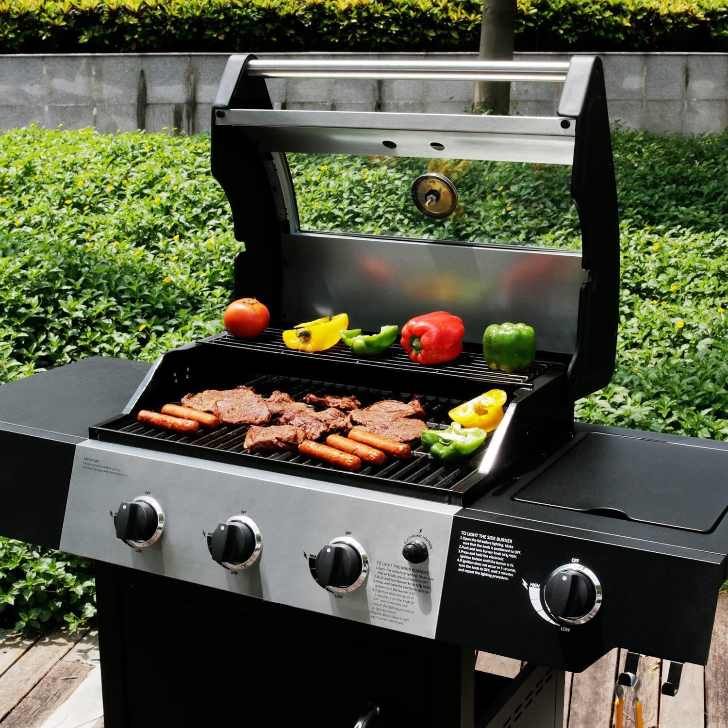 Liquid Propane Gas Grill, Stainless Steel BBQ Grill High Performance 3 Burners with Side Burner, 48,000 BTU Cart Style Perfect Patio Garden Picnic Backyard Barbecue Grill.