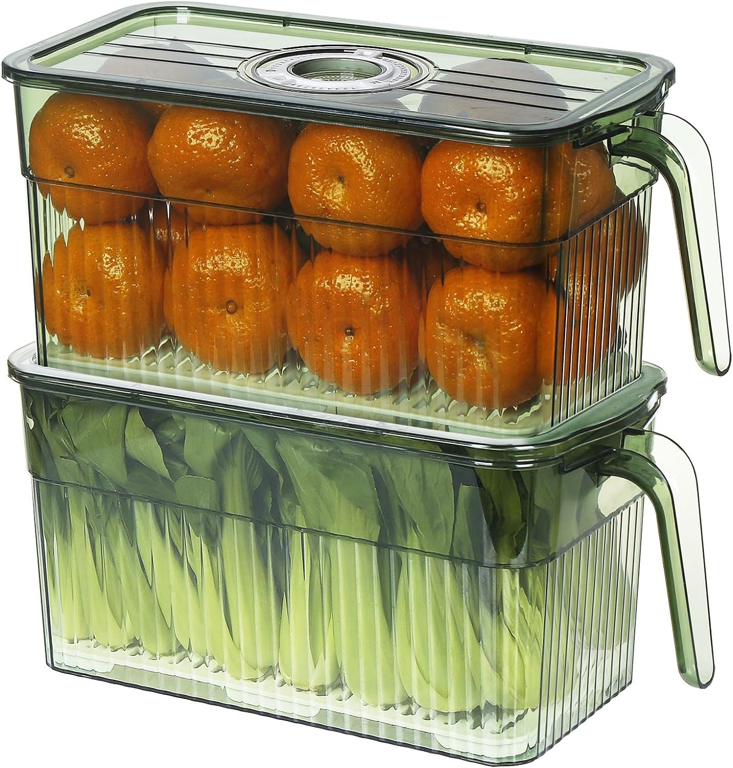 loobuu Produce Saver Containers for Refrigerator - 2 Pack Stackable Food Storage Container for Fridge, Berry Keeper Boxes with Removable Drain Tray Keep Fresh for Vegetables, Fruit,Meat Salad(Green)