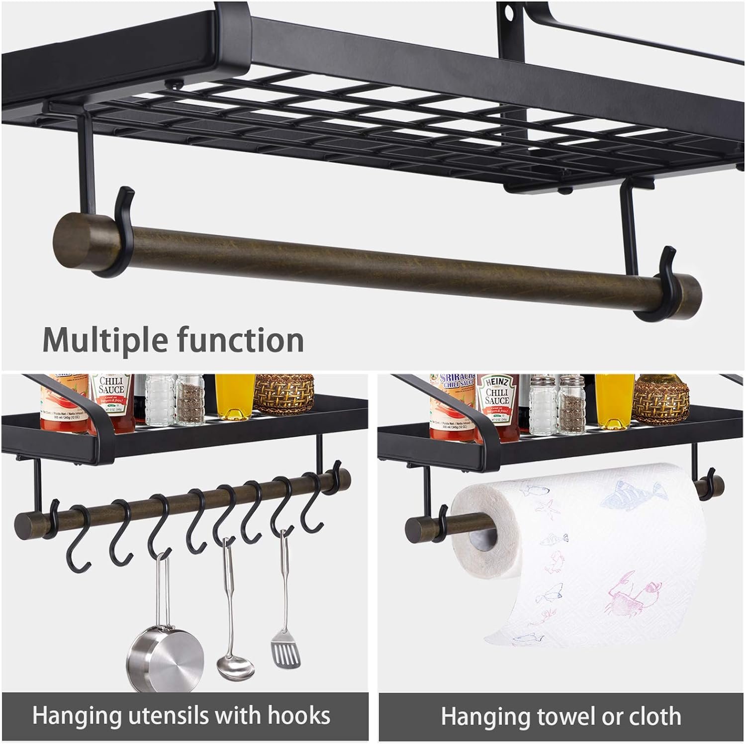 Love-KANKEI Pot Rack Wall Mounted Pan Pot Organizer Wall Shelf with Towel Bar and 8 Hooks for Kitchen Cookware Utensils Organization Love-KANKEI Pot Rack Wall Mounted Pan Pot Organizer Wall Shelf with Towel Bar and 8 Hooks for Kitchen Cookware Utensils Organization