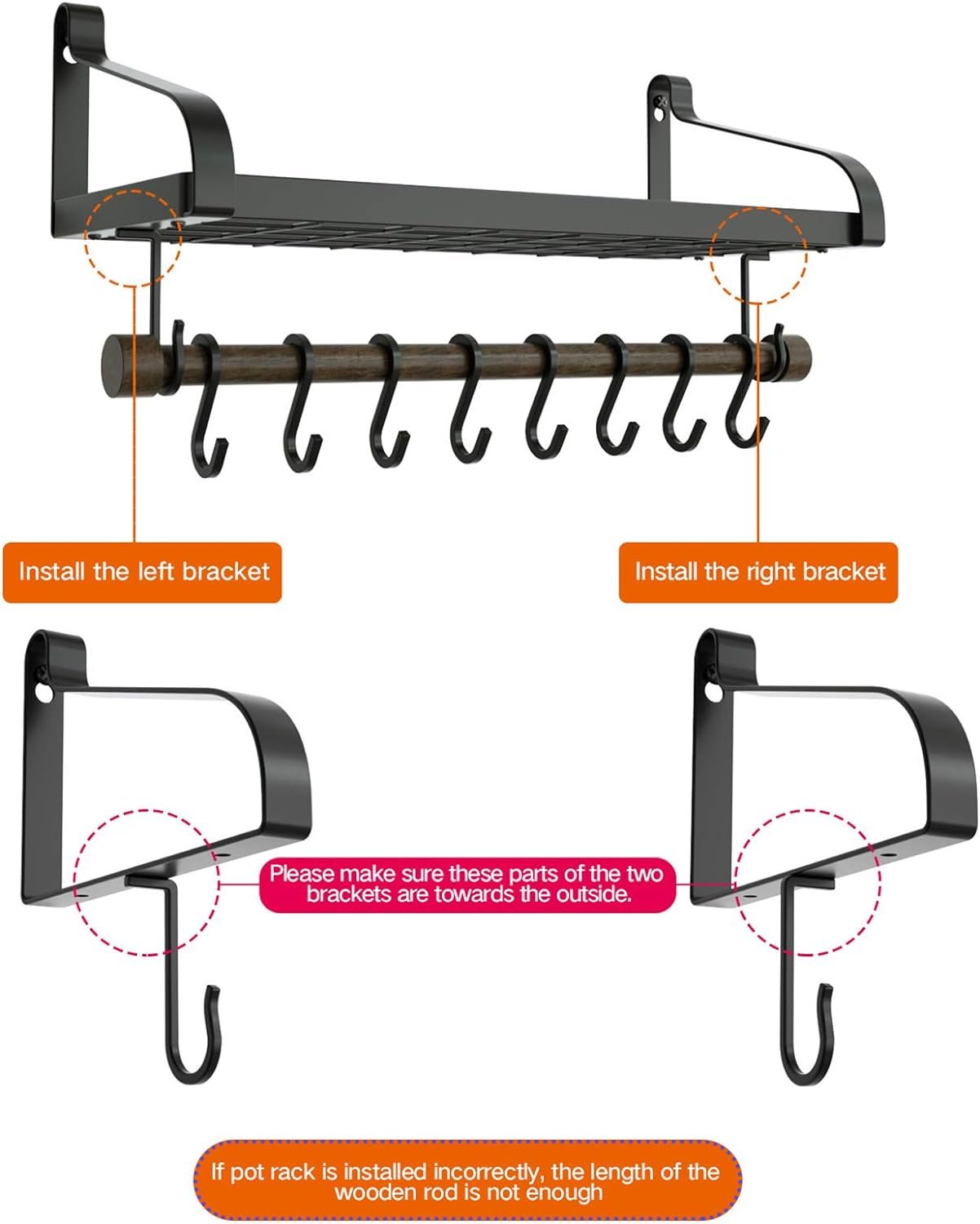 Love-KANKEI Pot Rack Wall Mounted Pan Pot Organizer Wall Shelf with Towel Bar and 8 Hooks for Kitchen Cookware Utensils Organization Love-KANKEI Pot Rack Wall Mounted Pan Pot Organizer Wall Shelf with Towel Bar and 8 Hooks for Kitchen Cookware Utensils Organization