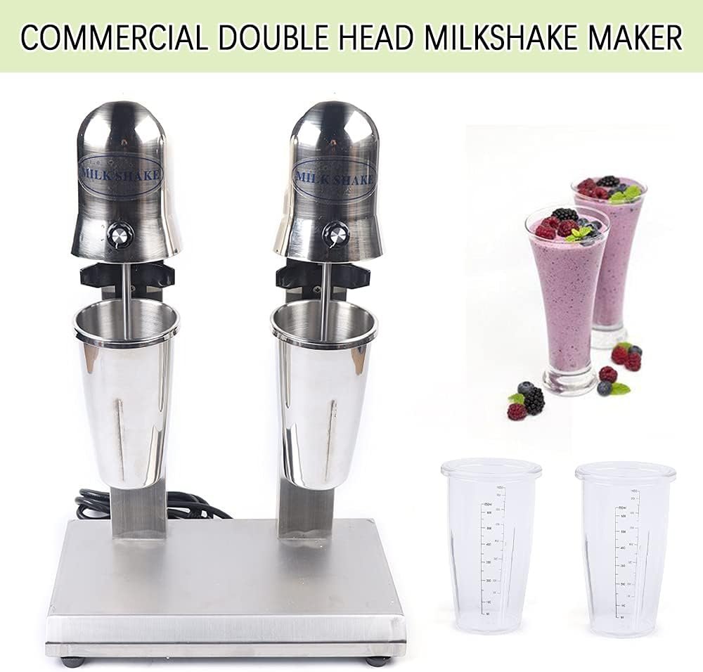 LOYALHEARTDY Electric Milkshaker Mixer Maker, Double Head Commercial Milkshaker Machine, 110V Ice Cream Maker Milkshaker Juicers, Two Rotation Speed, with 4 Cups(2 Stainless Steel 2 Plastic)