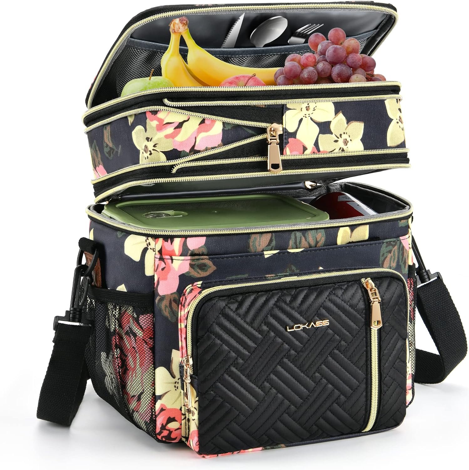 Lunch Bag for Women Work, 16L, Expandable Double Deck Lunch Box, Waterproof Leak-proof Cooler Bag, Fashionable Floral Portable Meal Prep Insulated Lunch Bag with Adjustable Shoulder Strap, Large