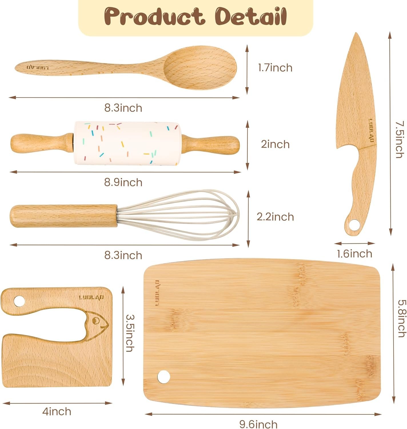 LUOLAO Wooden Kids Safe Knife and Kids Baking Set for Real Cooking, 6 PCS Toddler Montessori Kitchen Tools, Cooking and Baking for Kids Little Chefs