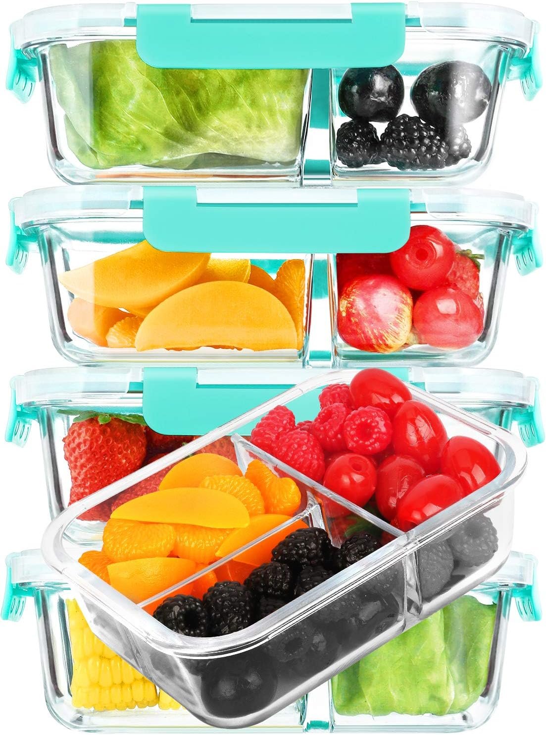 M MCIRCO [5-Pack, 36 oz] Glass Meal Prep Containers 3 Compartment with Lids, Glass Lunch Containers,Food Prep Lunch Box,Bento Box,BPA-Free, Microwave, Oven, Freezer, Dishwasher (4.5 Cups, Green)