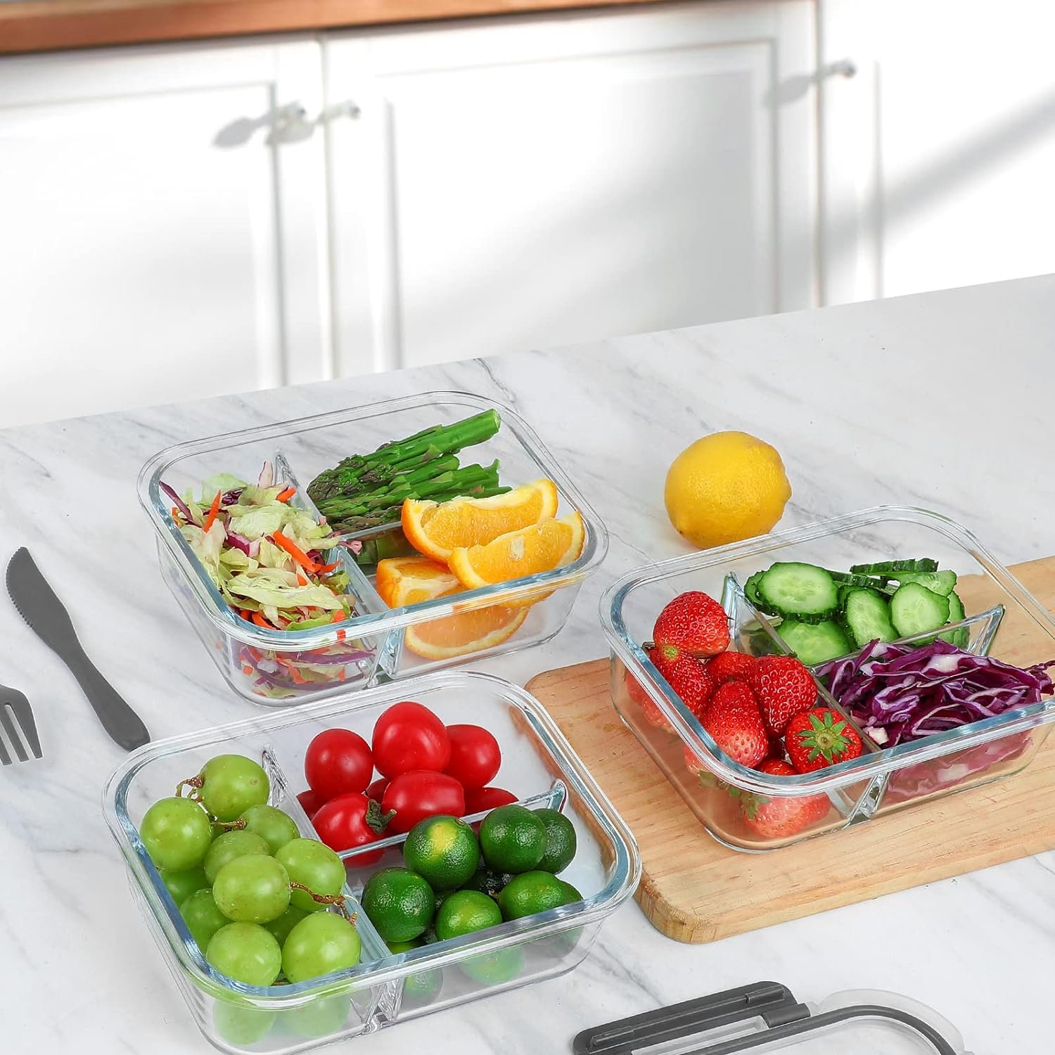 M MCIRCO [5-Pack, 36 oz] Glass Meal Prep Containers 3 Compartment with Lids, Glass Lunch Containers,Food Prep Lunch Box,Bento Box,BPA-Free, Microwave, Oven, Freezer, Dishwasher (4.5 Cups, Green)