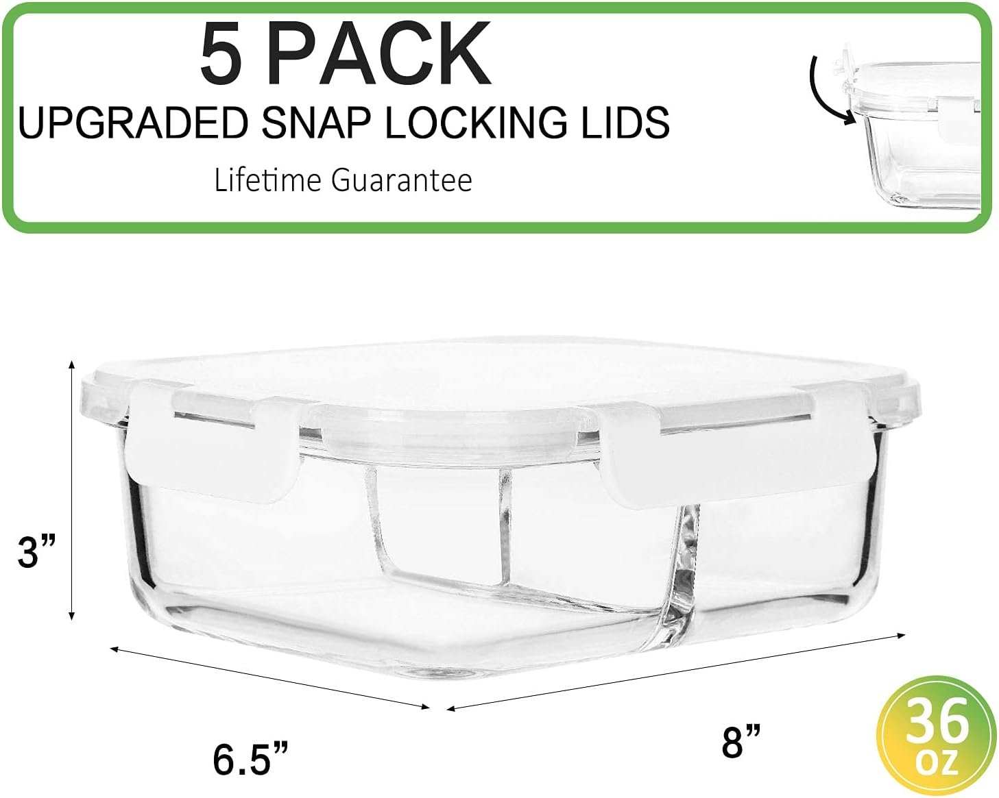 M MCIRCO [5-Pack, 36 oz] Glass Meal Prep Containers 3 Compartment with Lids, Glass Lunch Containers,Food Prep Lunch Box,Bento Box,BPA-Free, Microwave, Oven, Freezer, Dishwasher (4.5 Cups, Green)