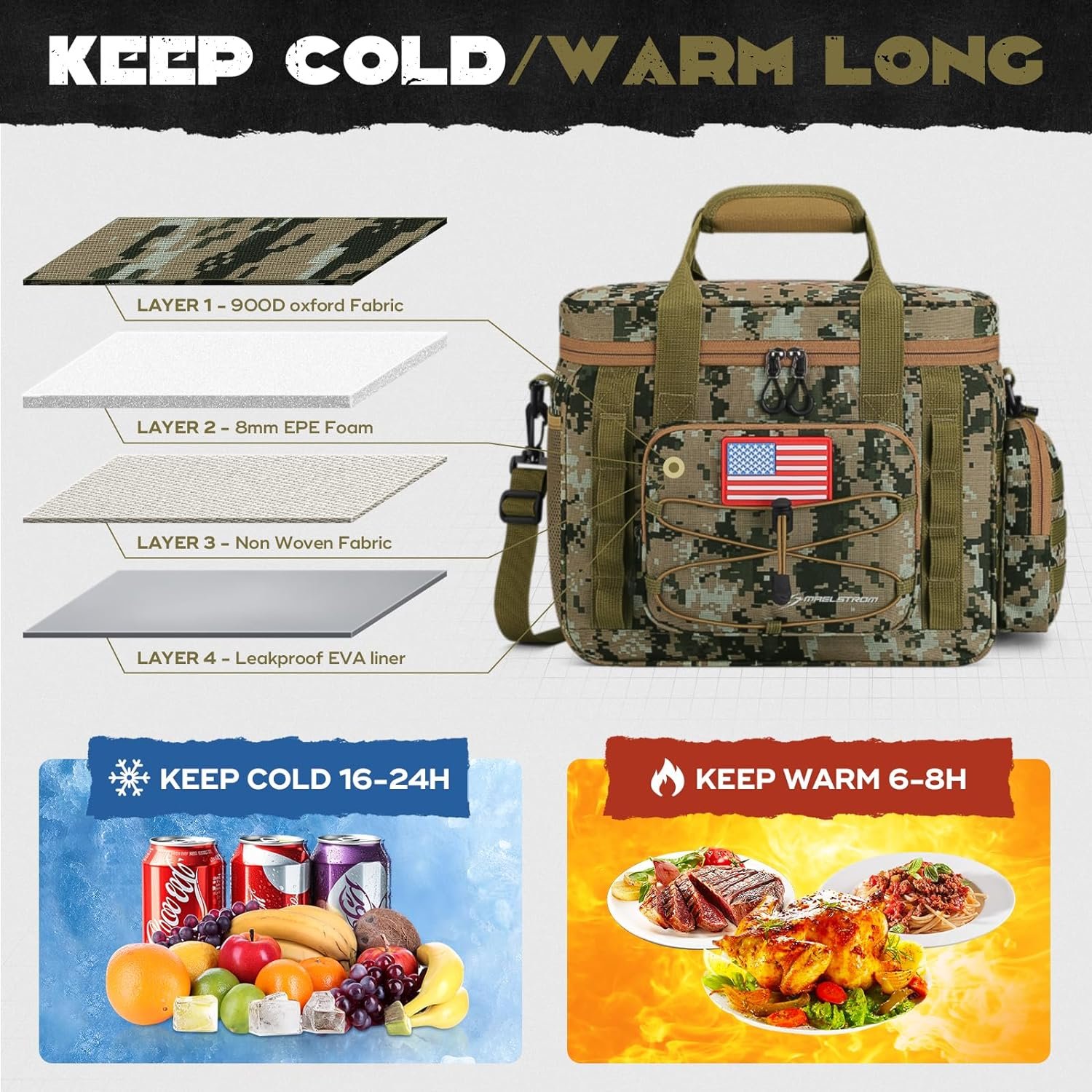 Maelstrom Large Tactical Lunch Box for Men,Insulated Lunch Bag, Leakproof Soft Cooler Bags with Detachable MOLLE Bag,Durable Lunch Tote for Adult Women Work,Picnic,30 Cans/20 L, Khaki