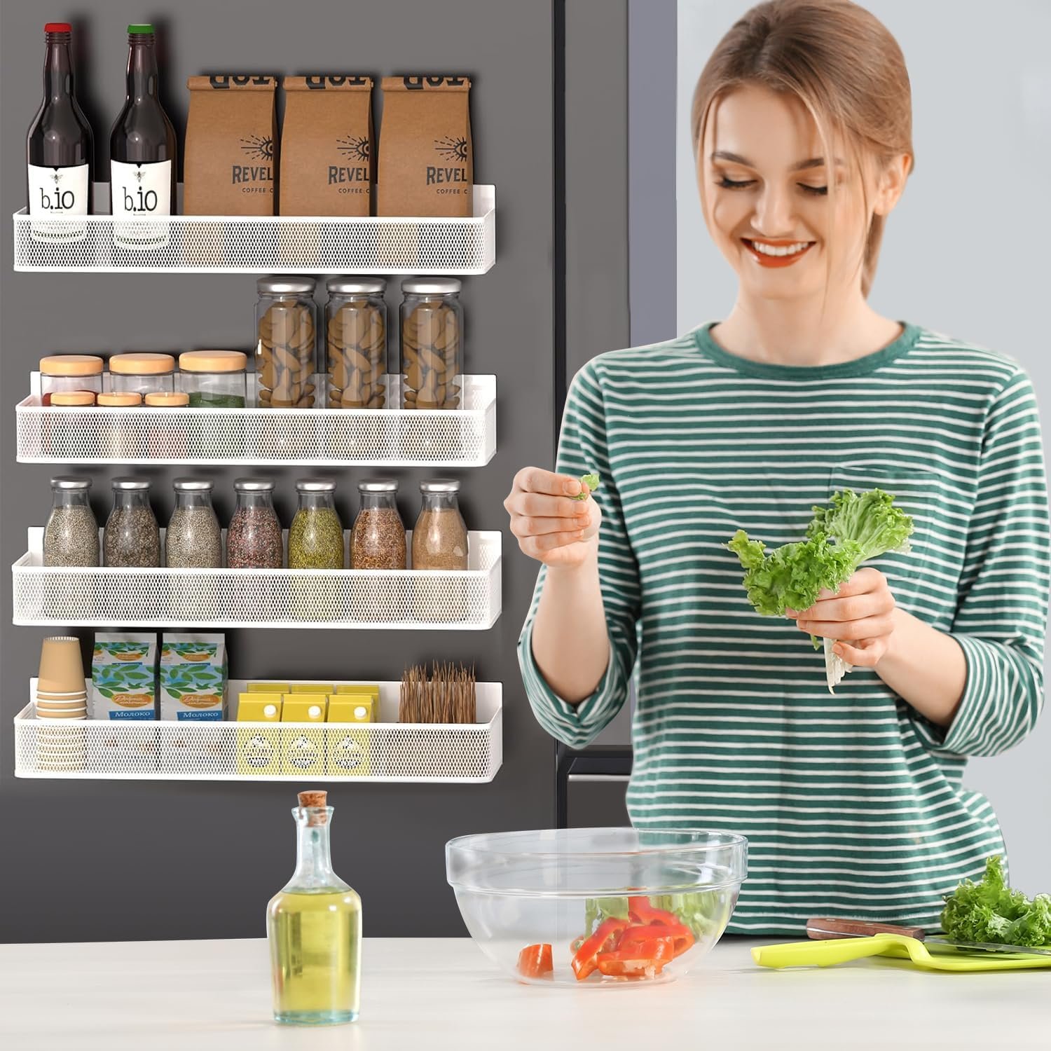 Magnetic Spice Rack for Refrigerator, 4 Pack Magnetic Spice Rack Organizer, Moveable Magnetic Fridge Organizer Rack with Hooks Spice Organizer for Kitchen Storage-white1