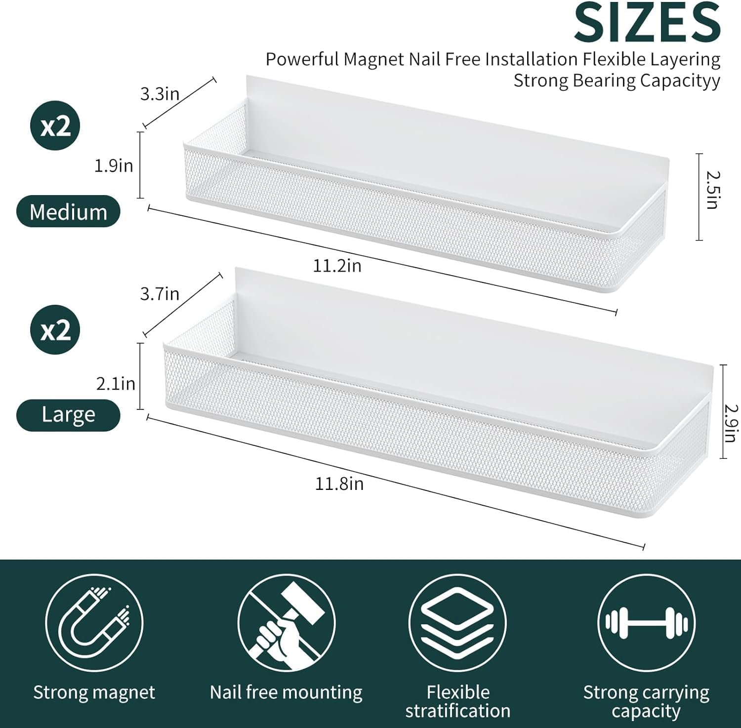 Magnetic Spice Rack for Refrigerator, 4 Pack Magnetic Spice Rack Organizer, Moveable Magnetic Fridge Organizer Rack with Hooks Spice Organizer for Kitchen Storage-white