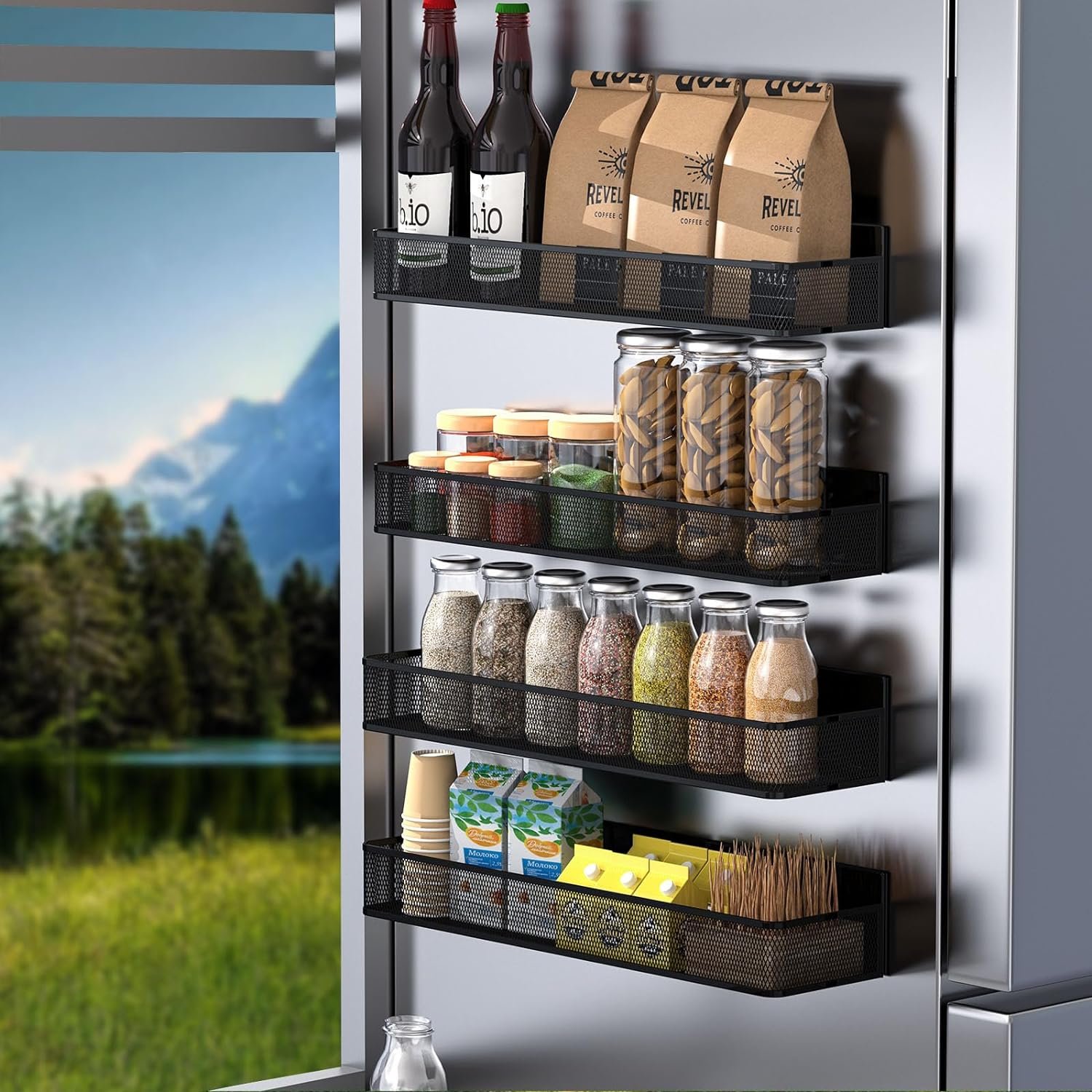 Magnetic Spice Rack for Refrigerator, 4 Pack Magnetic Spice Rack Organizer, Moveable Magnetic Fridge Organizer Rack with Hooks Spice Organizer for Kitchen Storage-black1