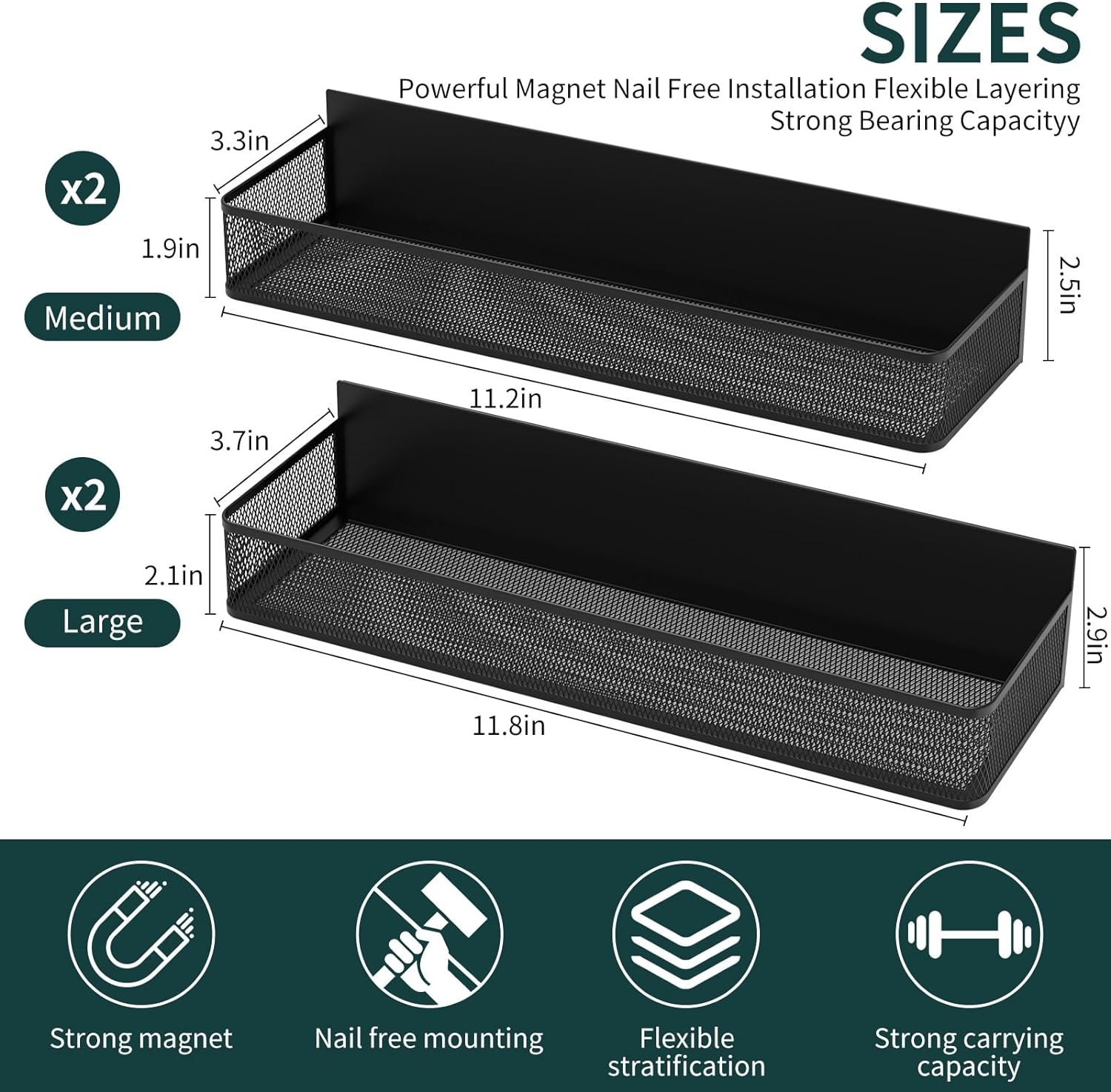 Magnetic Spice Rack for Refrigerator, 4 Pack Magnetic Spice Rack Organizer, Moveable Magnetic Fridge Organizer Rack with Hooks Spice Organizer for Kitchen Storage-black1
