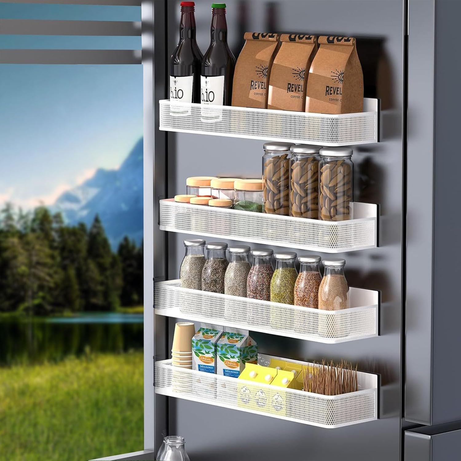 Magnetic Spice Rack for Refrigerator, 4 Pack Magnetic Spice Rack Organizer, Moveable Magnetic Fridge Organizer Rack with Hooks Spice Organizer for Kitchen Storage-white1
