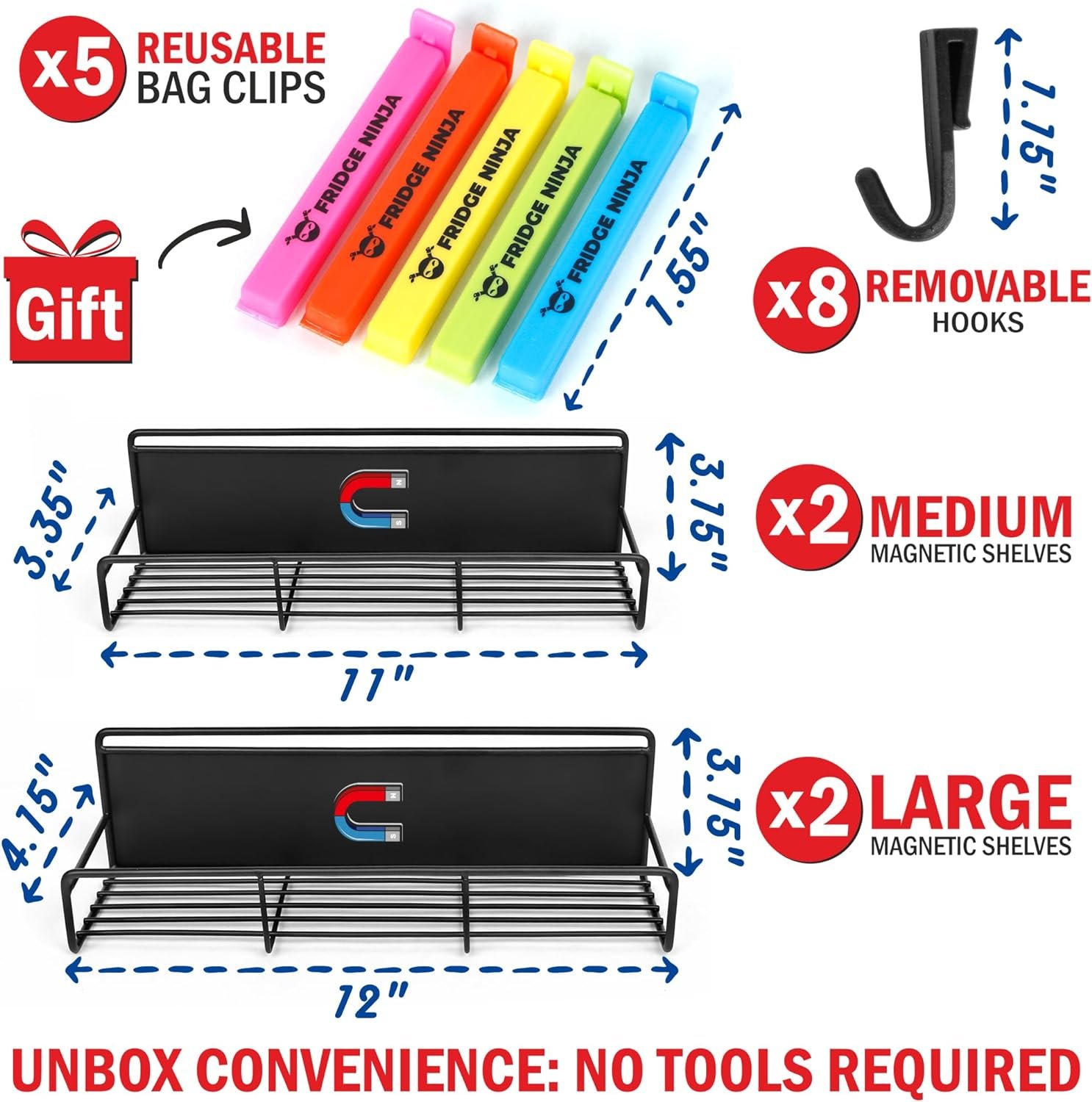 Magnetic Spice Rack for Refrigerator - Extra Strong Magnetic Hold and Enhanced Storage Capacity with 2 Medium  2 Large Shelves - Space Saving Magnetic Shelf for Fridge, Includes 5 Bag Clips  8 Hooks Magnetic Spice Rack for Refrigerator - Extra Strong Magnetic Hold and Enhanced Storage Capacity with 2 Medium  2 Large Shelves - Space Saving Magnetic Shelf for Fridge, Includes 5 Bag Clips  8 Hooks