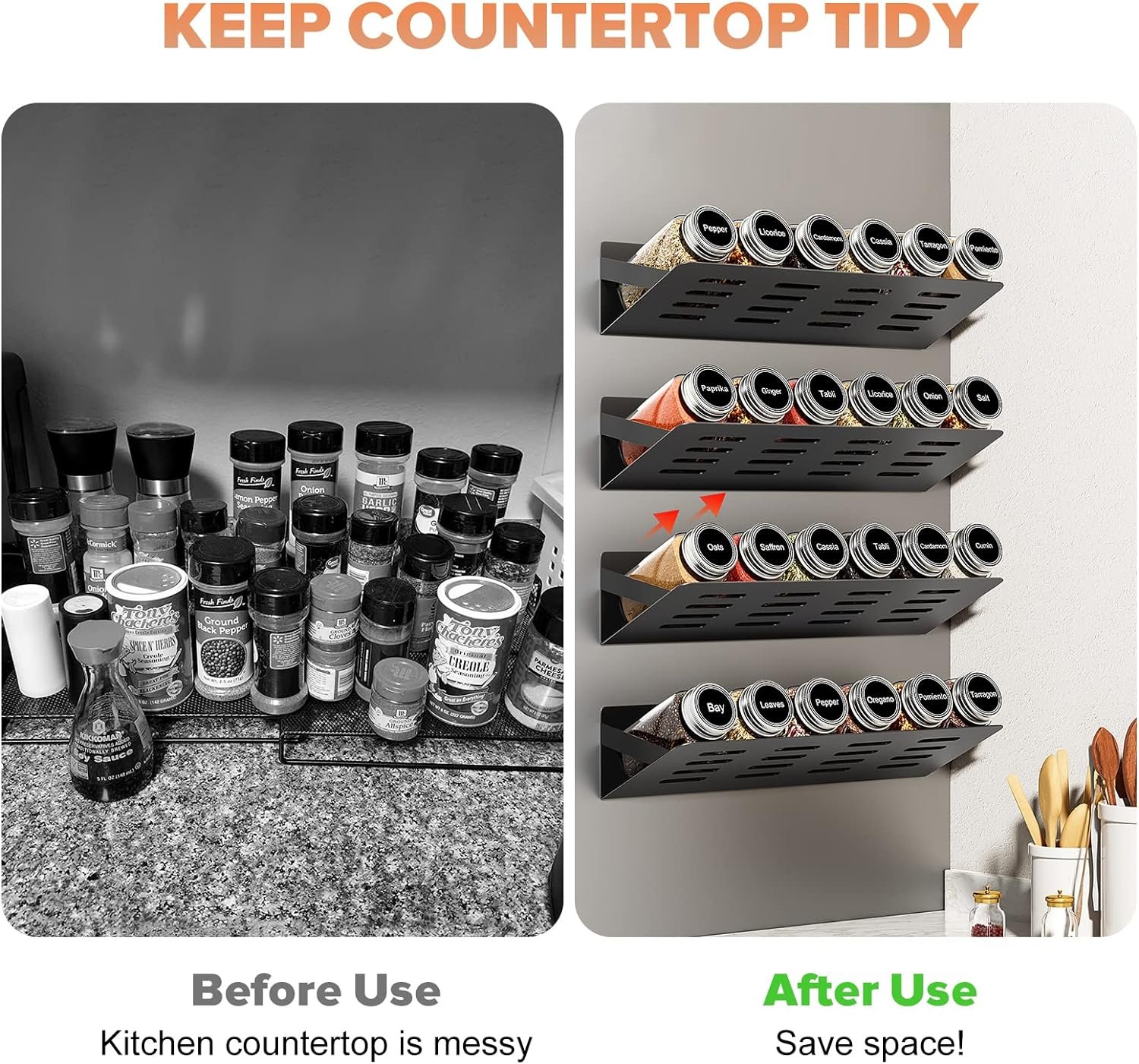 Magnetic Spice Rack for Refrigerator with 24 Spice Jars, 386 Customizable Spice Labels, 4 Pack Magnetic Shelf for Fridge, Movable Spice Rack Organizer for Kitchen, Metal Black