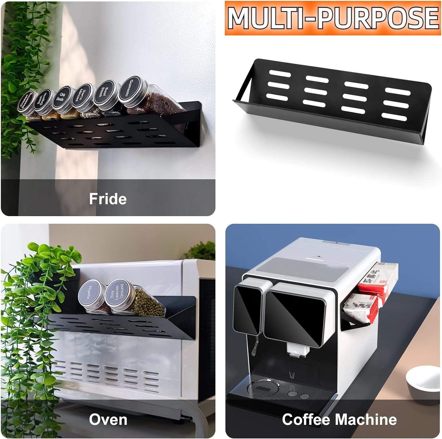 Magnetic Spice Rack for Refrigerator with 24 Spice Jars, 386 Customizable Spice Labels, 4 Pack Magnetic Shelf for Fridge, Movable Spice Rack Organizer for Kitchen, Metal Black