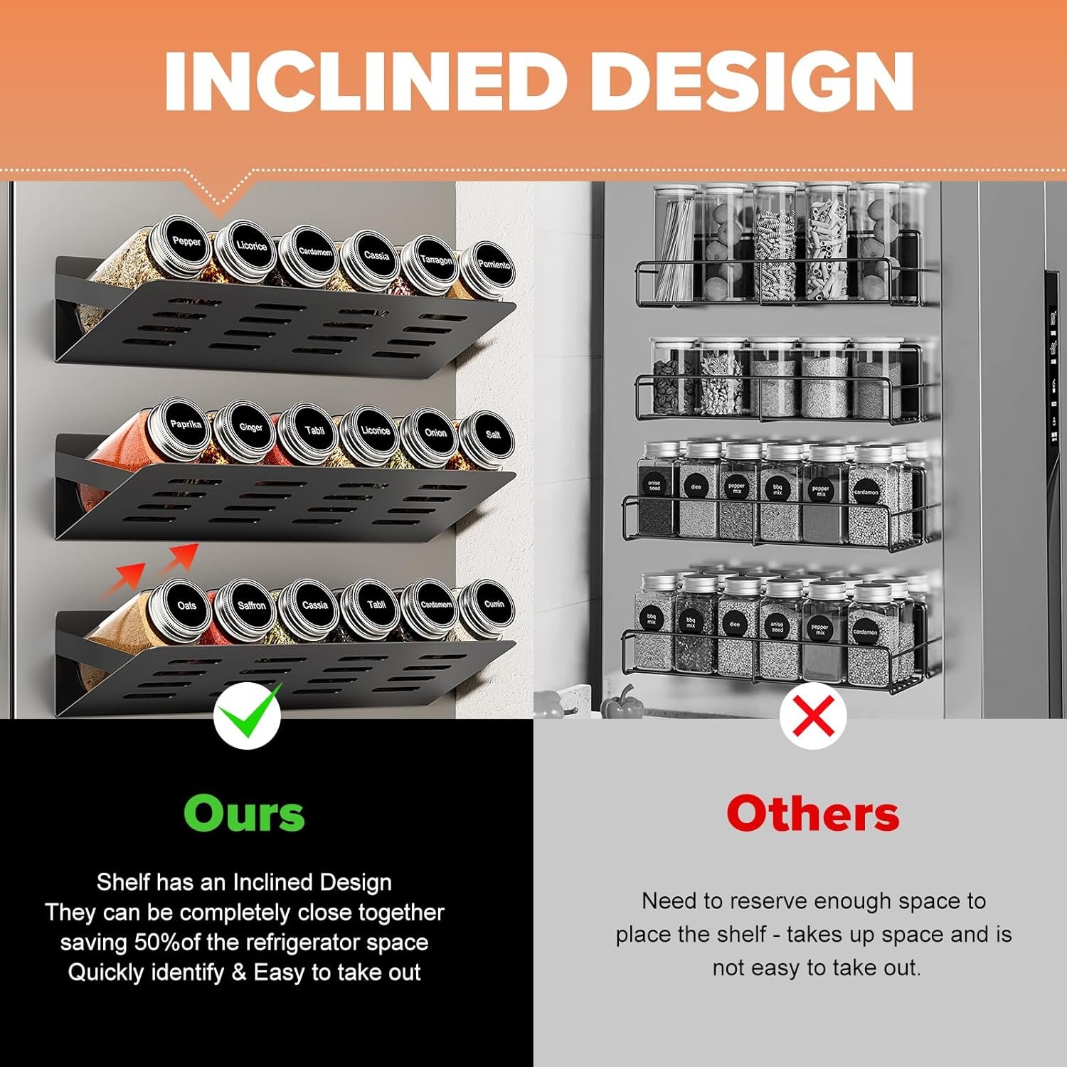 Magnetic Spice Rack for Refrigerator with 24 Spice Jars, 386 Customizable Spice Labels, 4 Pack Magnetic Shelf for Fridge, Movable Spice Rack Organizer for Kitchen, Metal Black