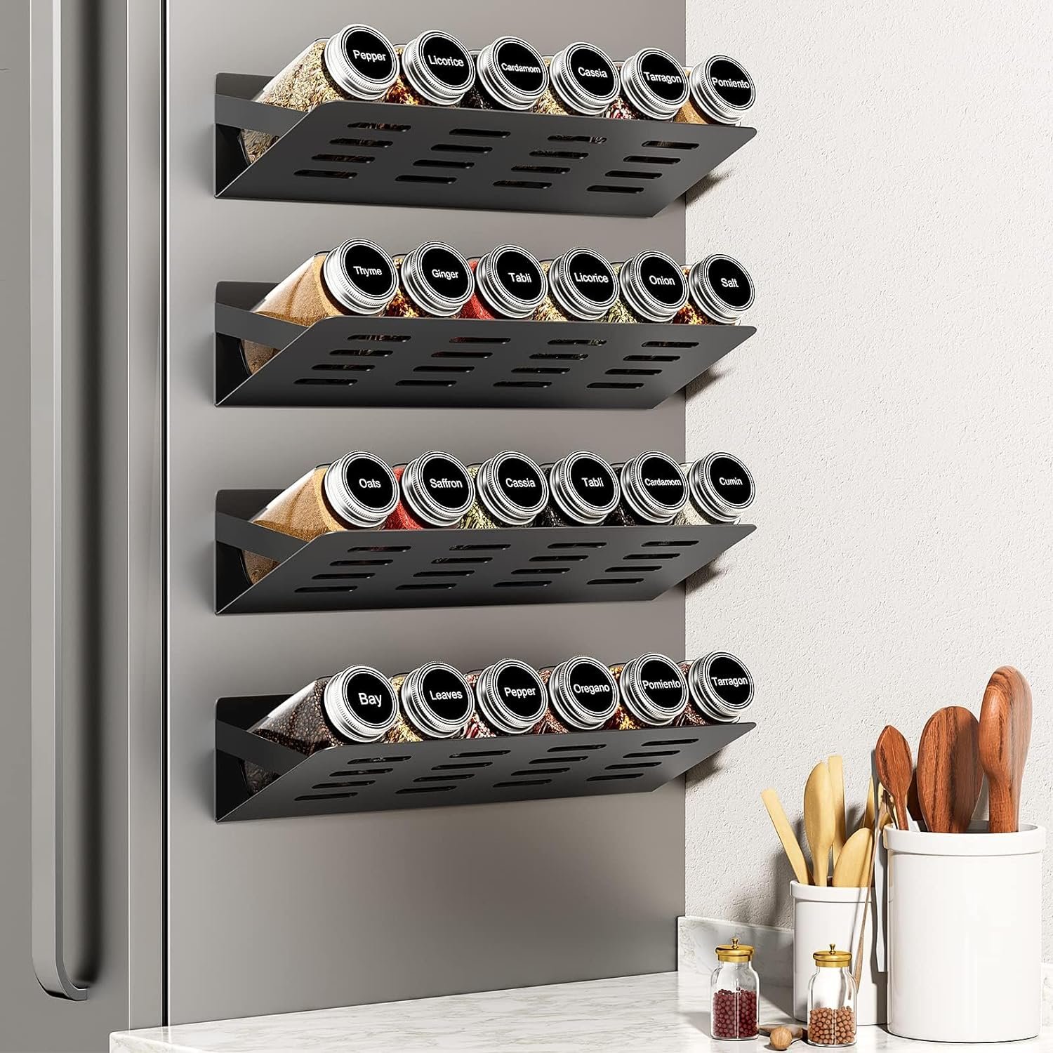 Magnetic Spice Rack for Refrigerator with 24 Spice Jars, 386 Customizable Spice Labels, 4 Pack Magnetic Shelf for Fridge, Movable Spice Rack Organizer for Kitchen, Metal Black