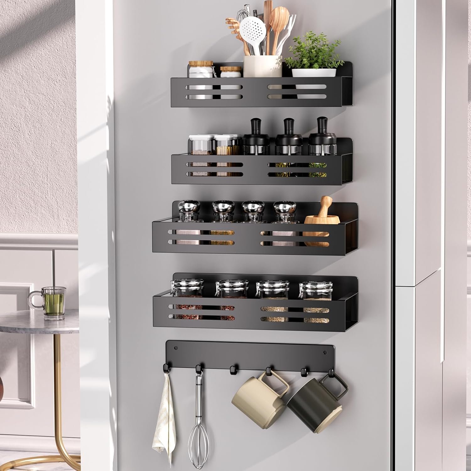 Magnetic Spice Racks for Refrigerator Magnetic Hook with 6-Hooks Moveable Fridge Magnetic Spice Shelves Refrigerator Side Organizers (4 Magnetic Spice Racks + 1 Magnetic Hook) Magnetic Spice Racks for Refrigerator Magnetic Hook with 6-Hooks Moveable Fridge Magnetic Spice Shelves Refrigerator Side Organizers (4 Magnetic Spice Racks + 1 Magnetic Hook)