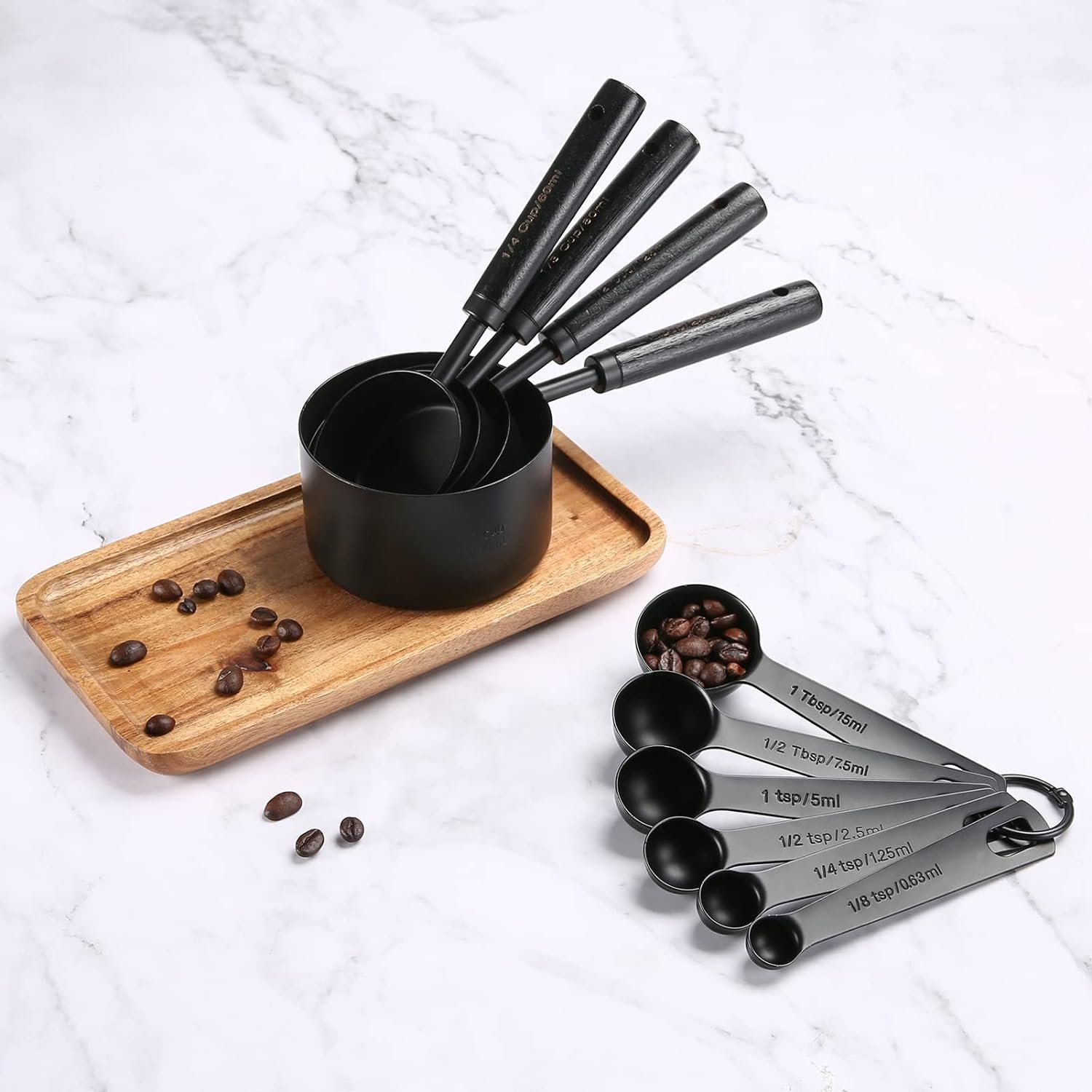 Malmo 10-Piece Stainless Steel Measuring Cups and Spoons Set for Kitchen Baking with Wooden Handle and Matte Finish, Dark Black