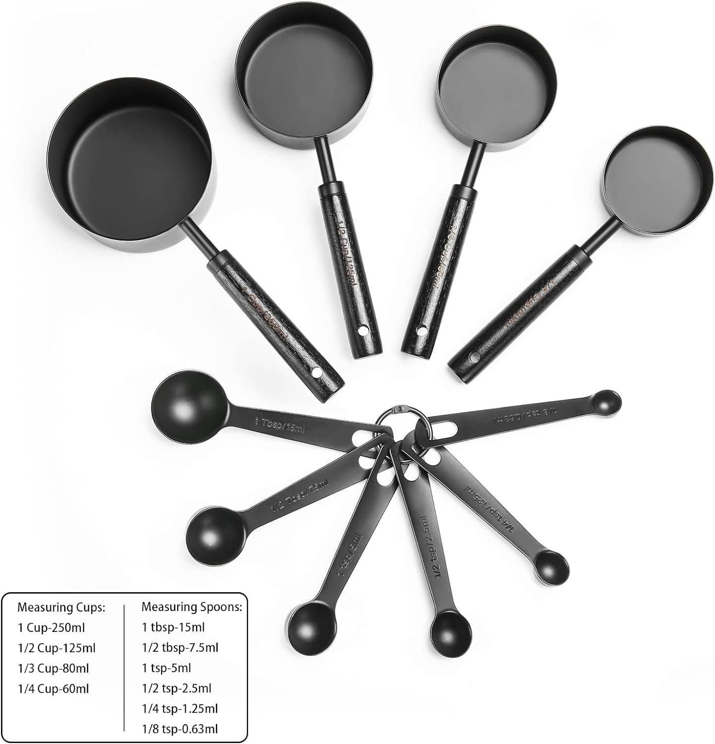 Malmo 10-Piece Stainless Steel Measuring Cups and Spoons Set for Kitchen Baking with Wooden Handle and Matte Finish, Dark Black