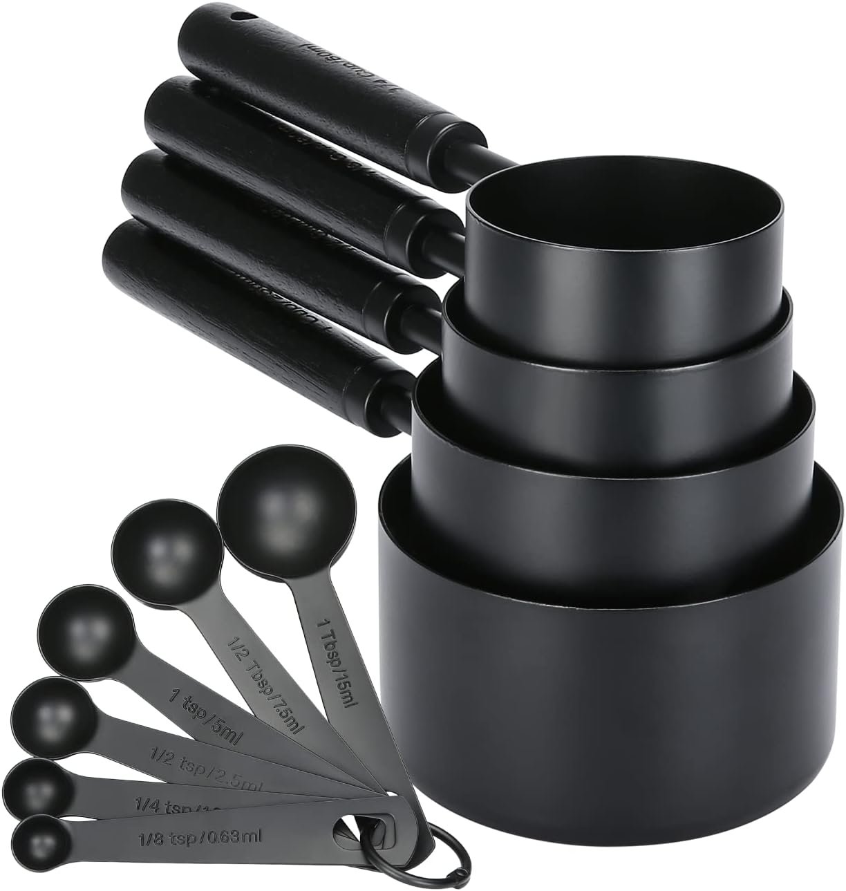 Malmo 10-Piece Stainless Steel Measuring Cups and Spoons Set for Kitchen Baking with Wooden Handle and Matte Finish, Dark Black