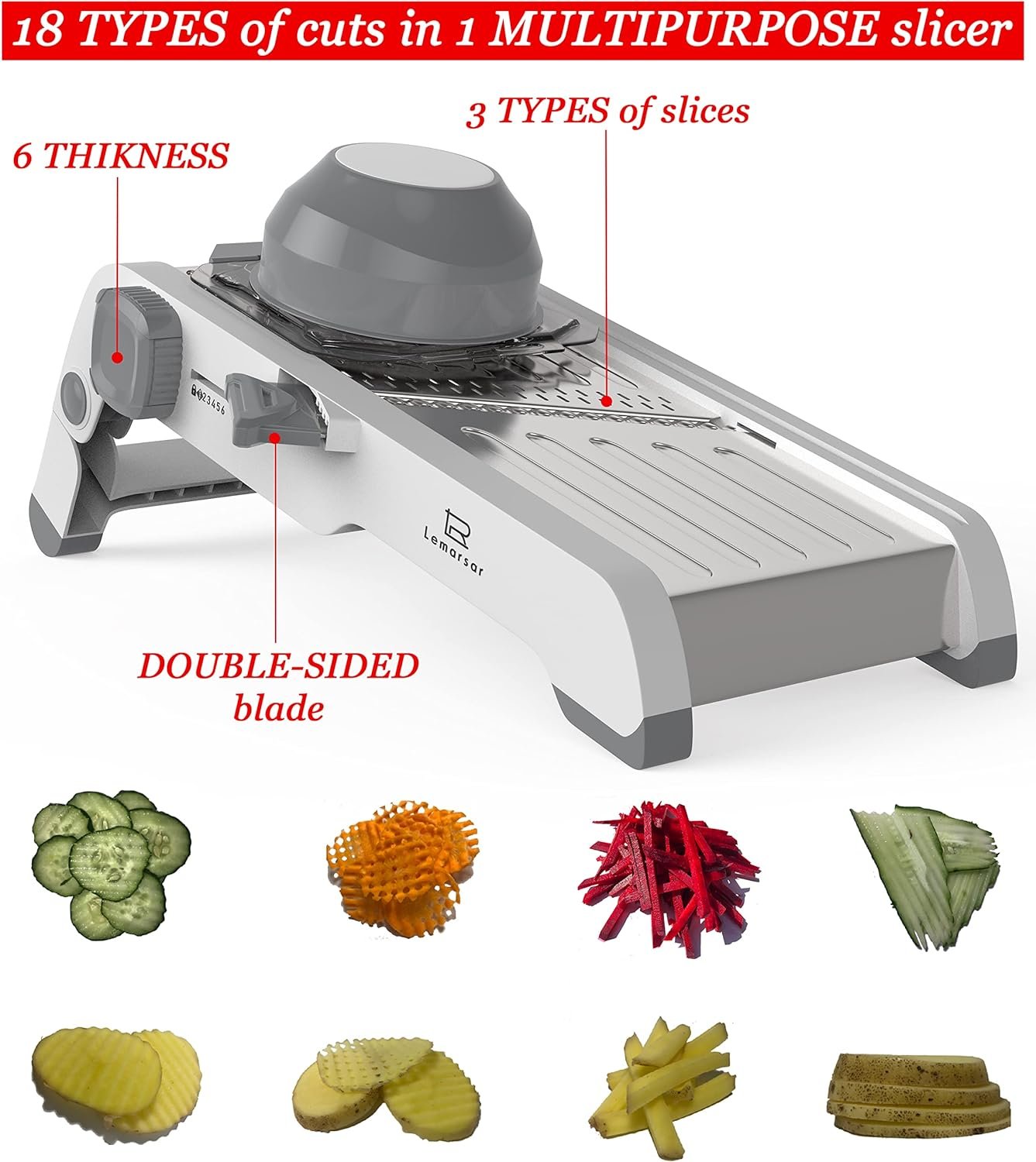 Mandoline Slicer 18 in 1 with Ultra SHARP Easy-Adjustable BLADE - SAFE kitchen slicer COMES with 2 Protective Gloves, Vegetable Peeler and Universal Sharpener - 4 Items
