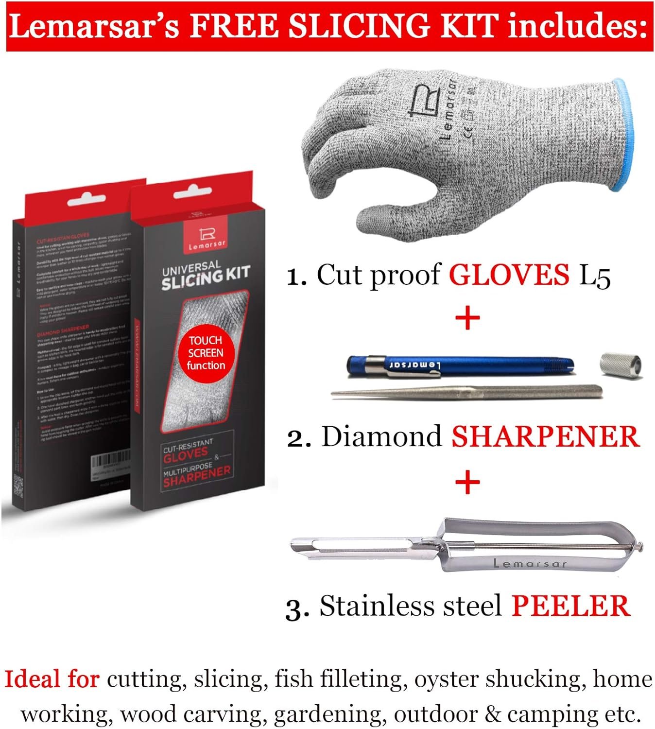 Mandoline Slicer 18 in 1 with Ultra SHARP Easy-Adjustable BLADE - SAFE kitchen slicer COMES with 2 Protective Gloves, Vegetable Peeler and Universal Sharpener - 4 Items