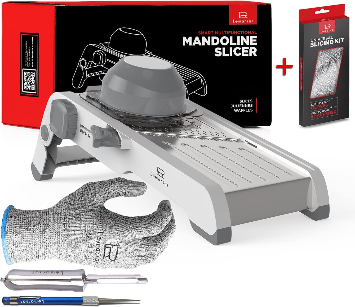 Mandoline Slicer 18 in 1 with Ultra SHARP Easy-Adjustable BLADE - SAFE kitchen slicer COMES with 2 Protective Gloves, Vegetable Peeler and Universal Sharpener - 4 Items