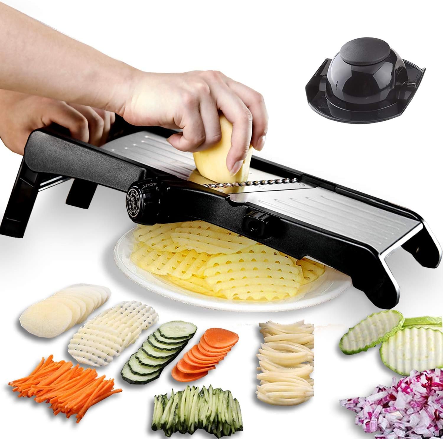Mandoline Slicer – Adjustable Thickness Vegetable Mandolin, Fruit Potato Slicer, French Fries Cutter, Food Waffle,Julienne Grater– Sharp Stainless Steel Blades(black)