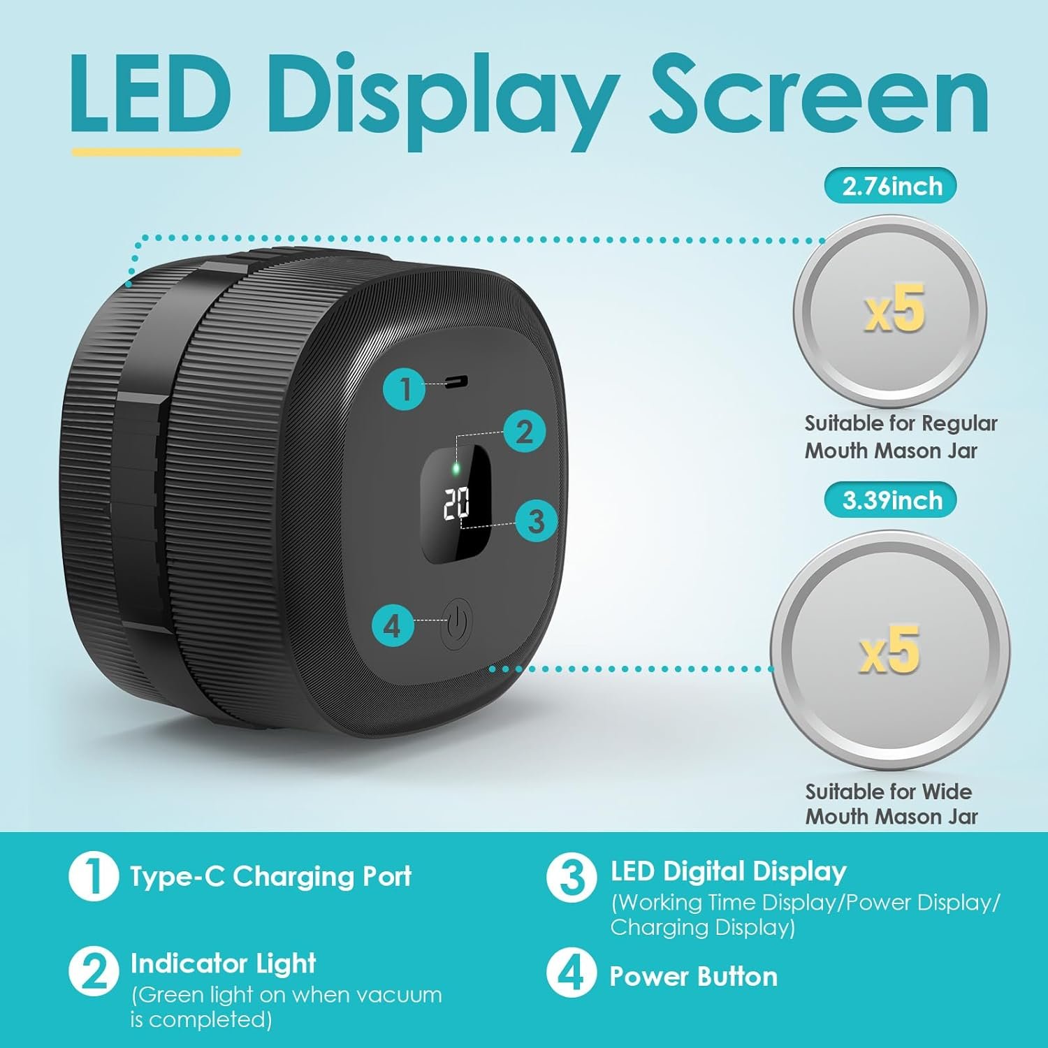 Mason Jar Vacuum Sealer for Wide  Regular Mouth Mason Lids and Vacuum Bags, Electric Mason Jar Vacuum Sealer for Food Storage, 3-in-1 Cordless Vacuum Sealer Machine