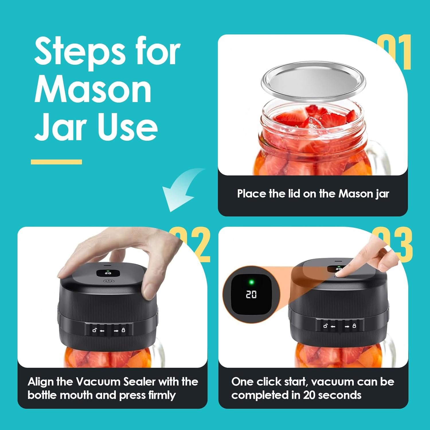 Mason Jar Vacuum Sealer for Wide  Regular Mouth Mason Lids and Vacuum Bags, Electric Mason Jar Vacuum Sealer for Food Storage, 3-in-1 Cordless Vacuum Sealer Machine