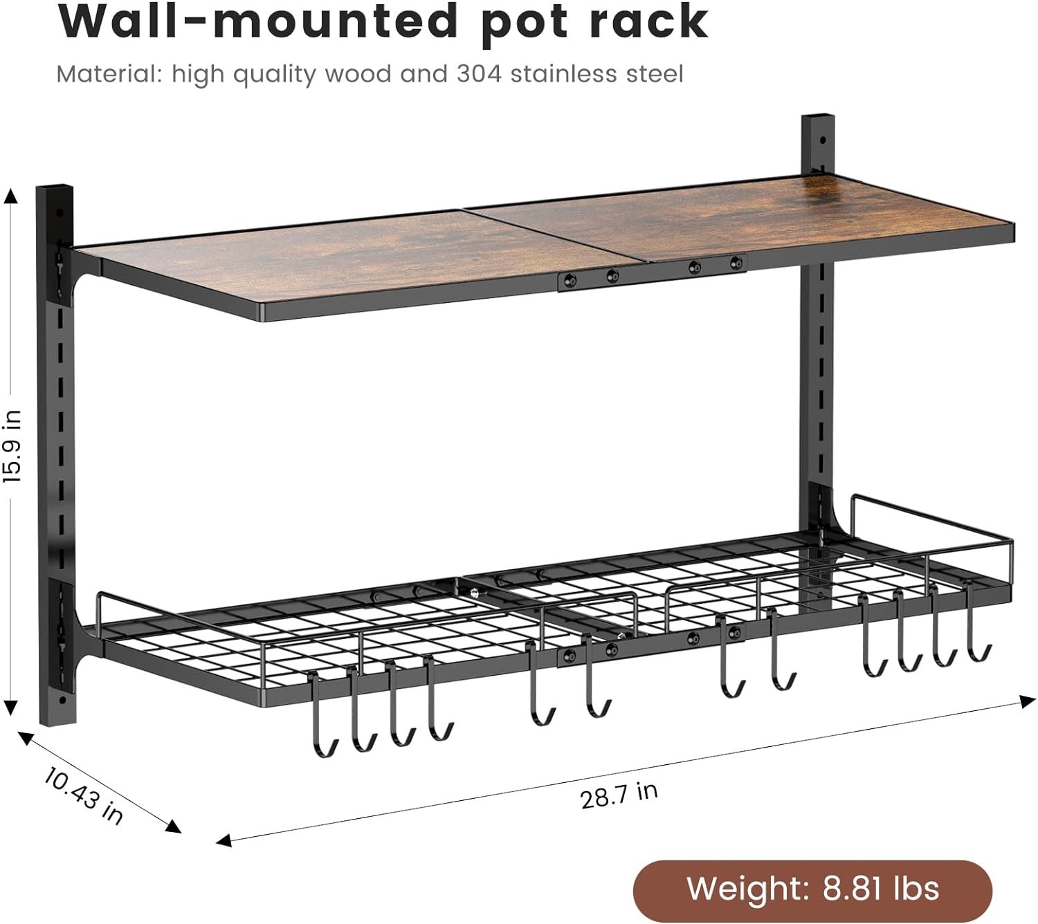 MAWEW Pot Rack Wall Mounted,Pot Hanger,Pot Hangers for Kitchen Wall Mount,With 12 Hooks Wall Pot Rack,Vintage Farmhouse Style Wall Mount Pot Rack,for Pot Storage and Organization.(Vintage wood)