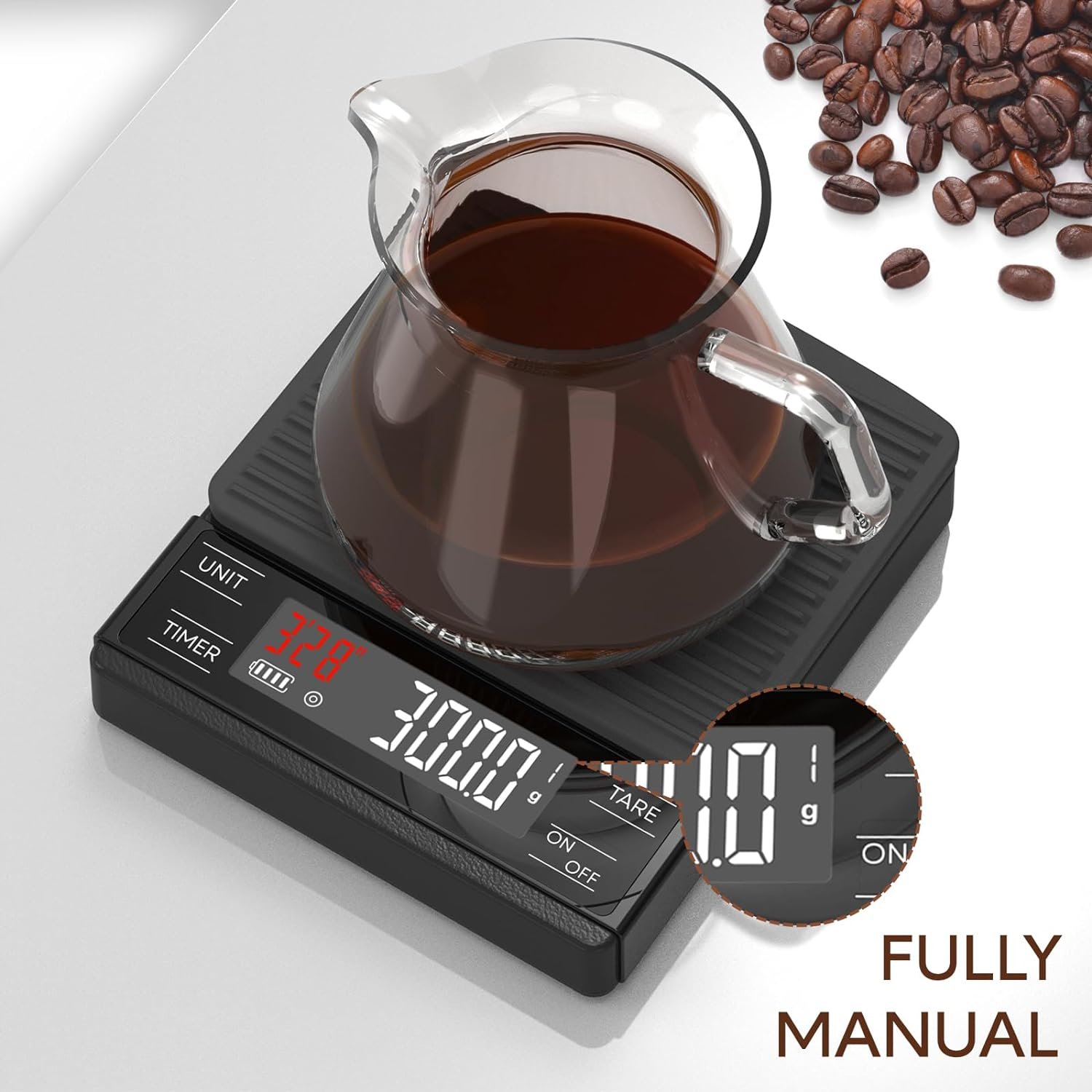 MAXUS Coffee Scale with Timer - 2000g/0.1g Precision, Drip Espresso Scale with Silicone Cover, IP65 Waterproof, Measures in Grams and Ounces
